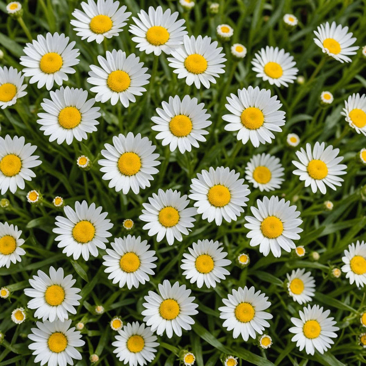 Common lawn daisies with white petals and yellow centres growing in UK grass lawn