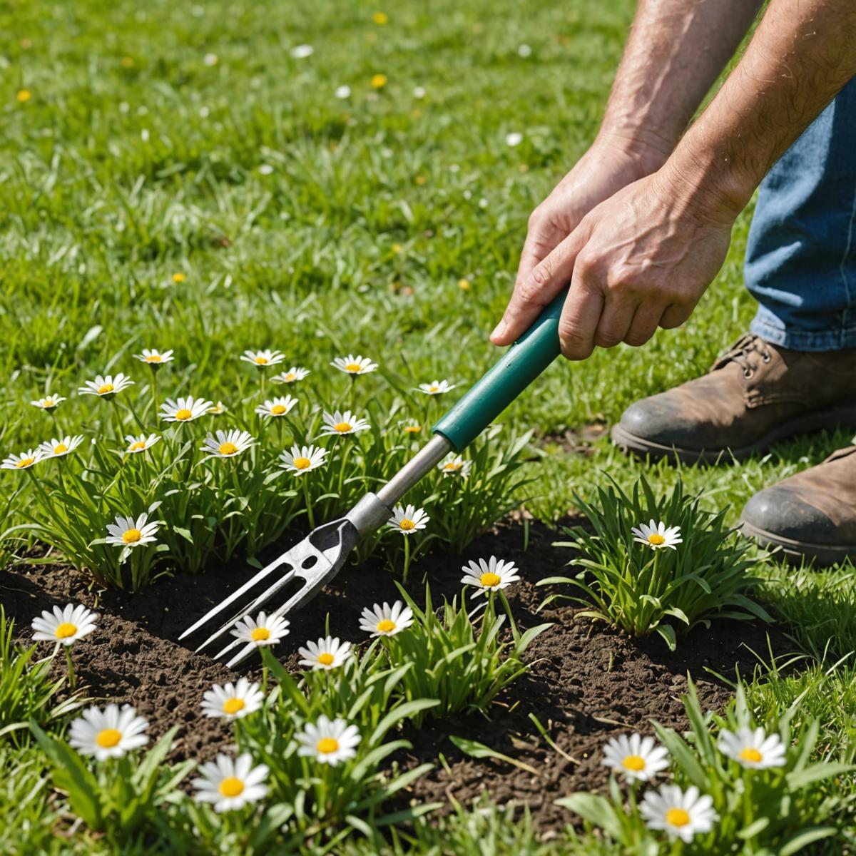 Using a daisy grubber tool to remove daisy weed from lawn showing roots