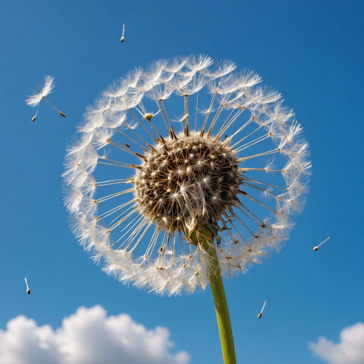 Dandelion seeds dispersing in wind