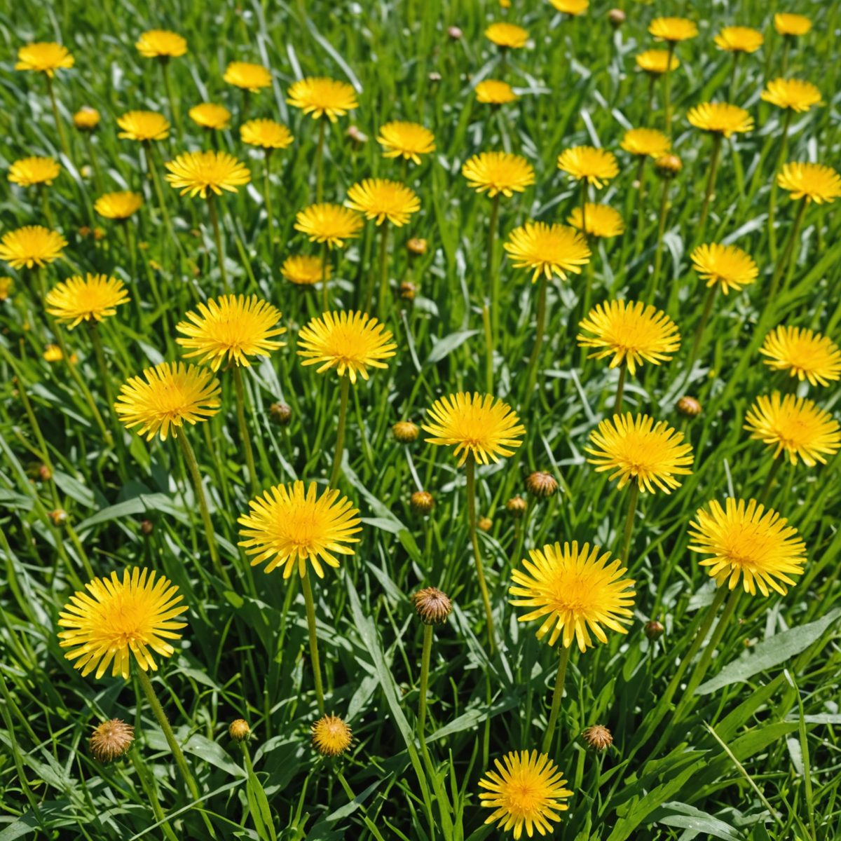 Dandelions scattered across lawn
