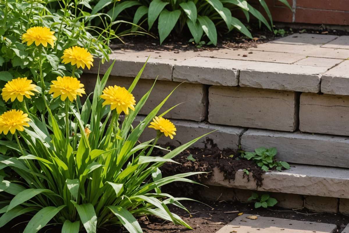 Dead plants along patio edge from chemical damage