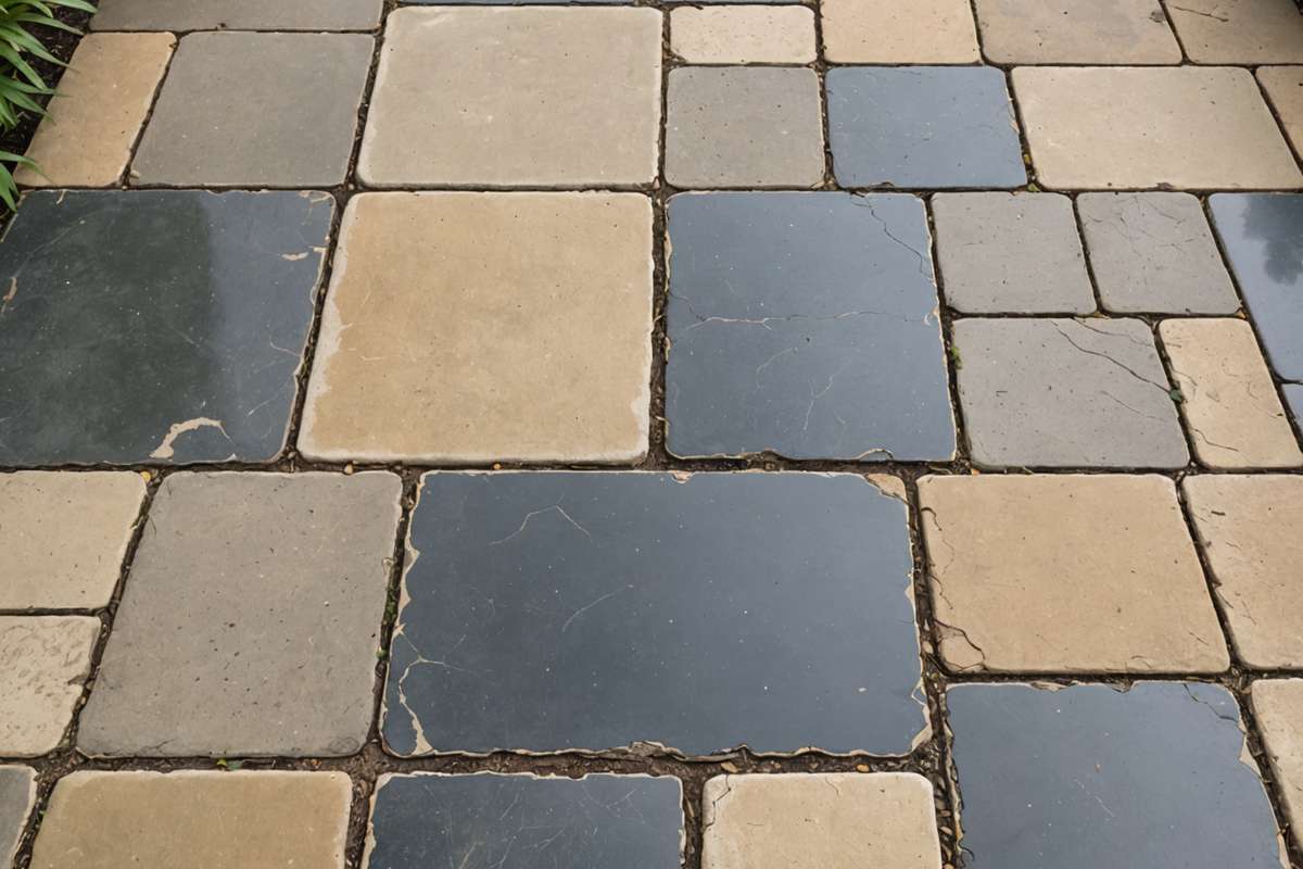 Permanently stained and discoloured paving from harsh chemicals