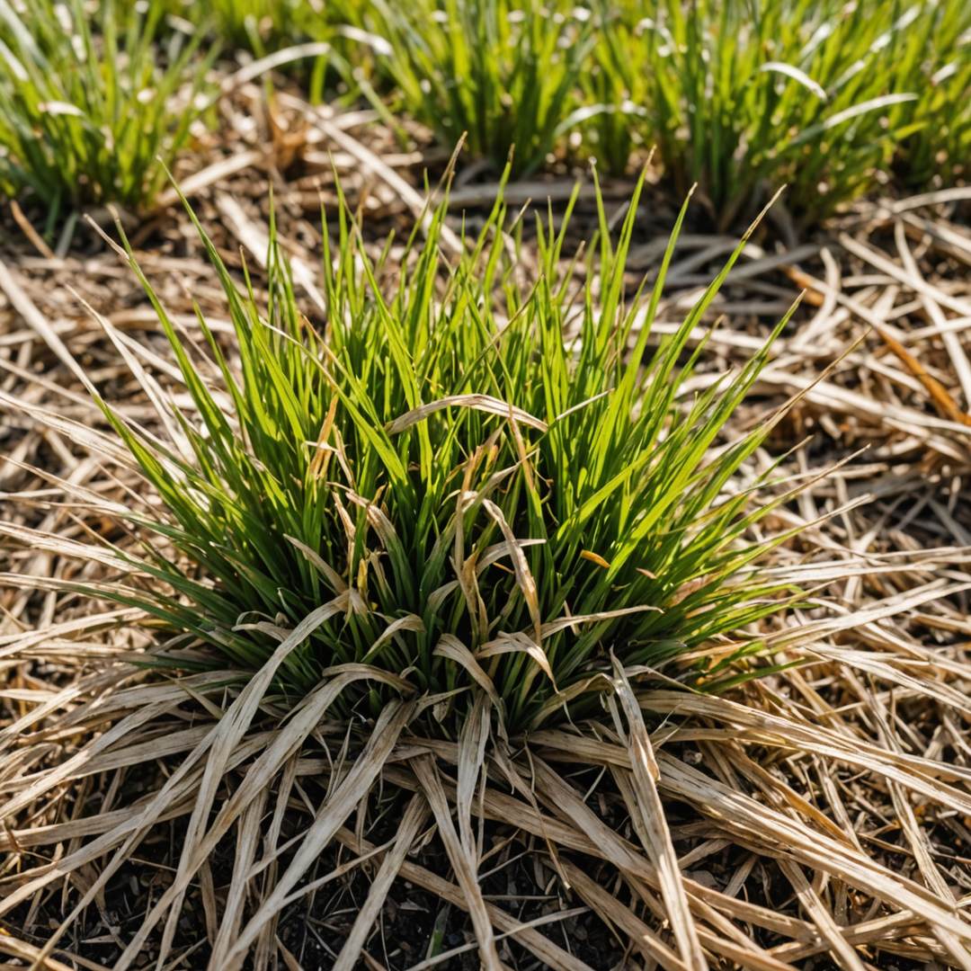 Close up of dormant grass showing living crown at base