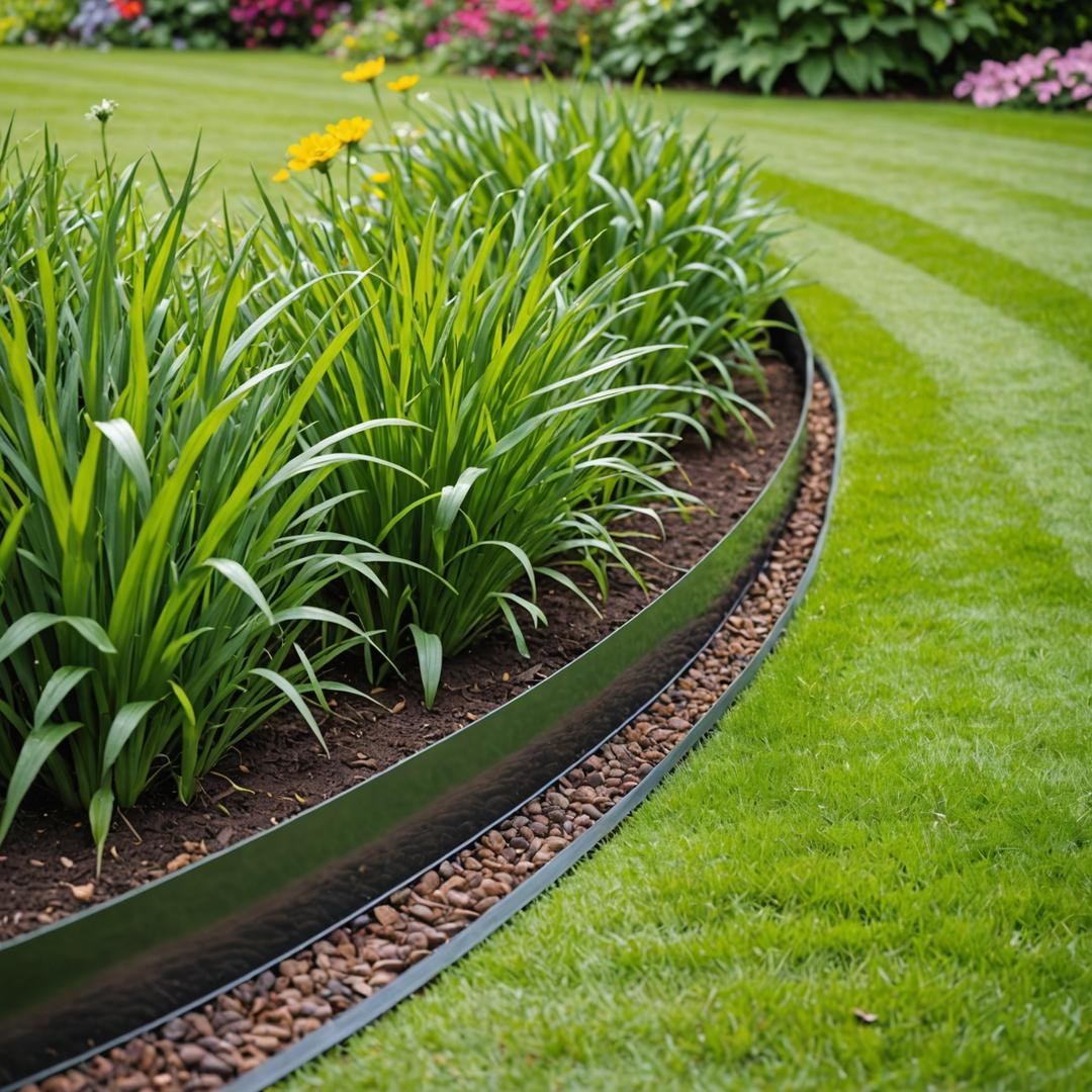 Metal lawn edging strip installed along border