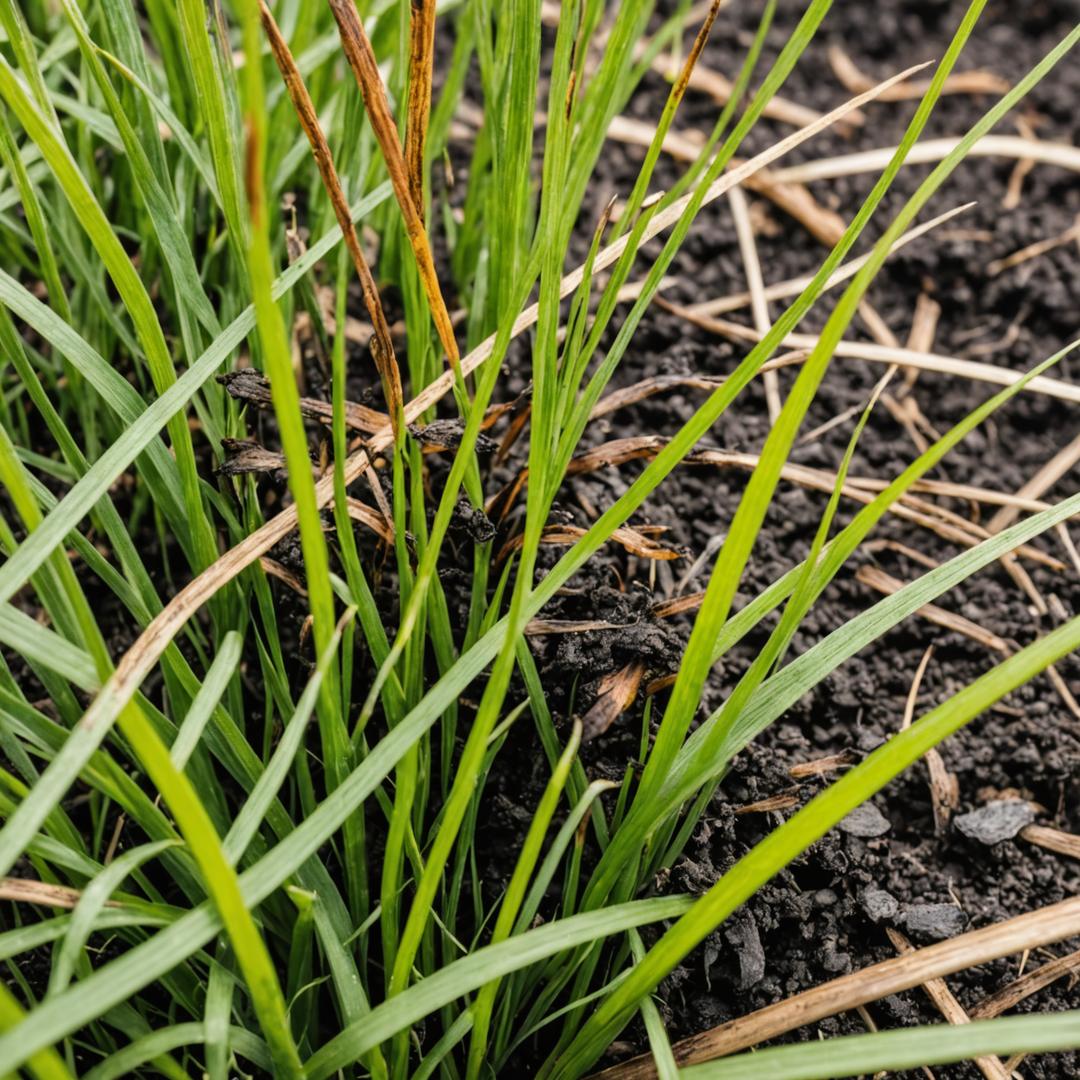 Close up of fertiliser burn damage on grass blades
