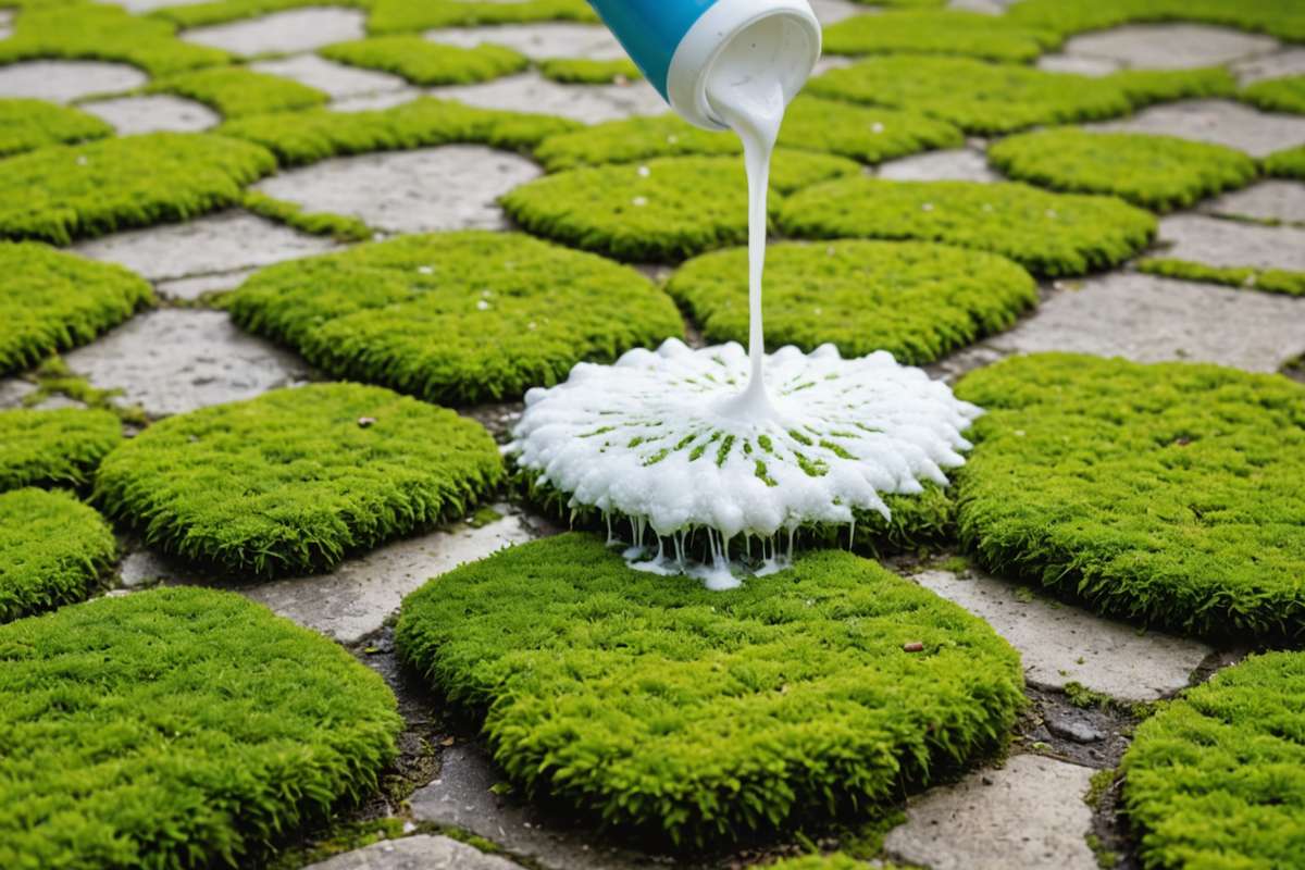 Foaming oxygen bleach solution working on mossy patio surface