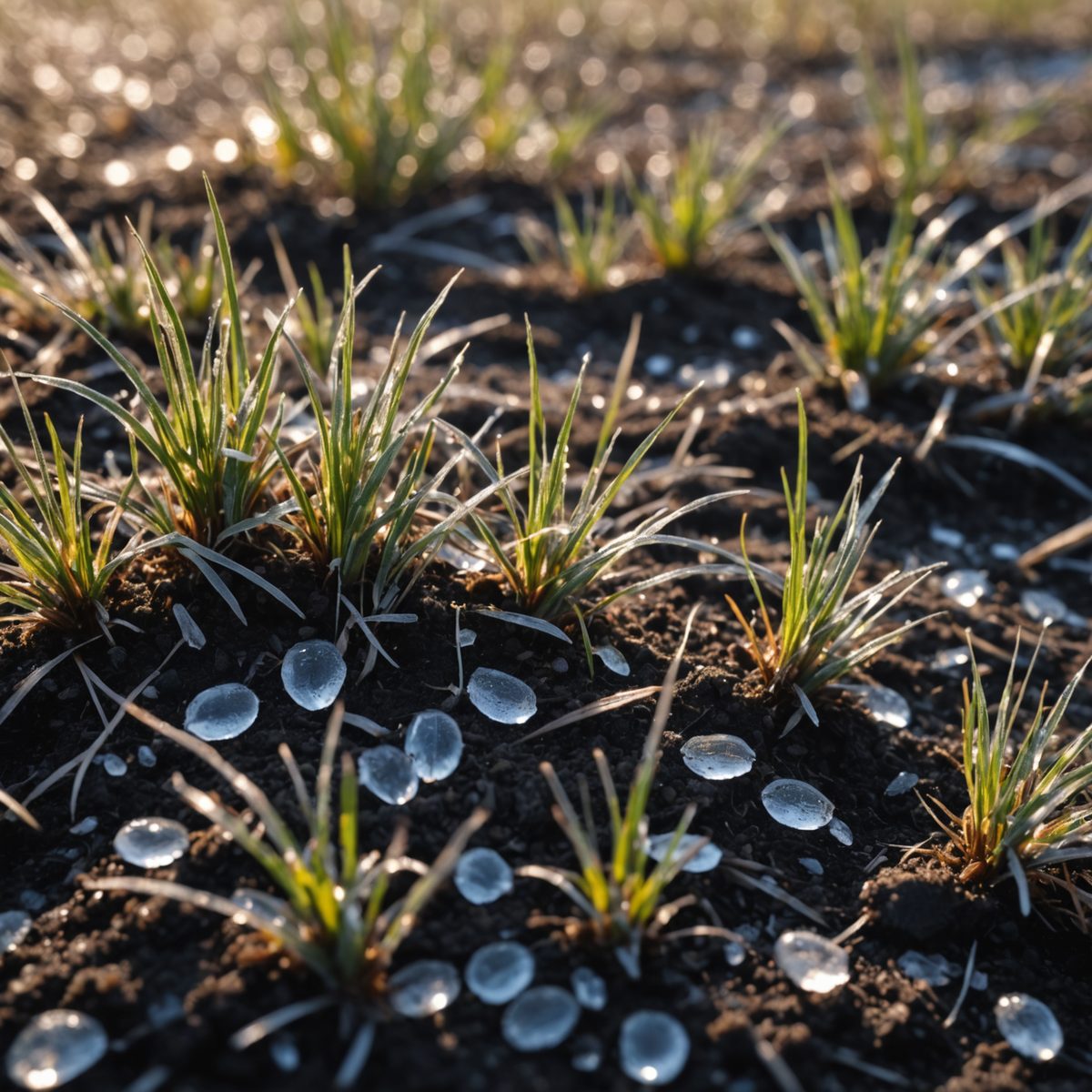 Close-up of grass seeds scattered on frozen soil with visible frost crystals