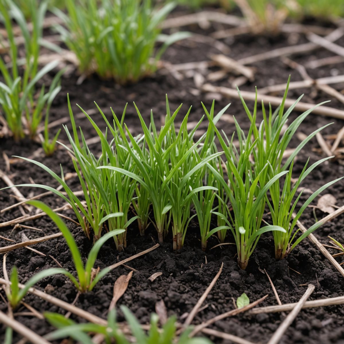 Vulnerable young grass seedlings emerging during a winter warm spell with frost visible nearby