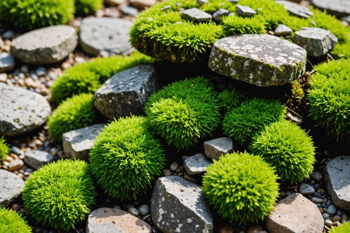 Close up of moss growing between and on gravel stones
