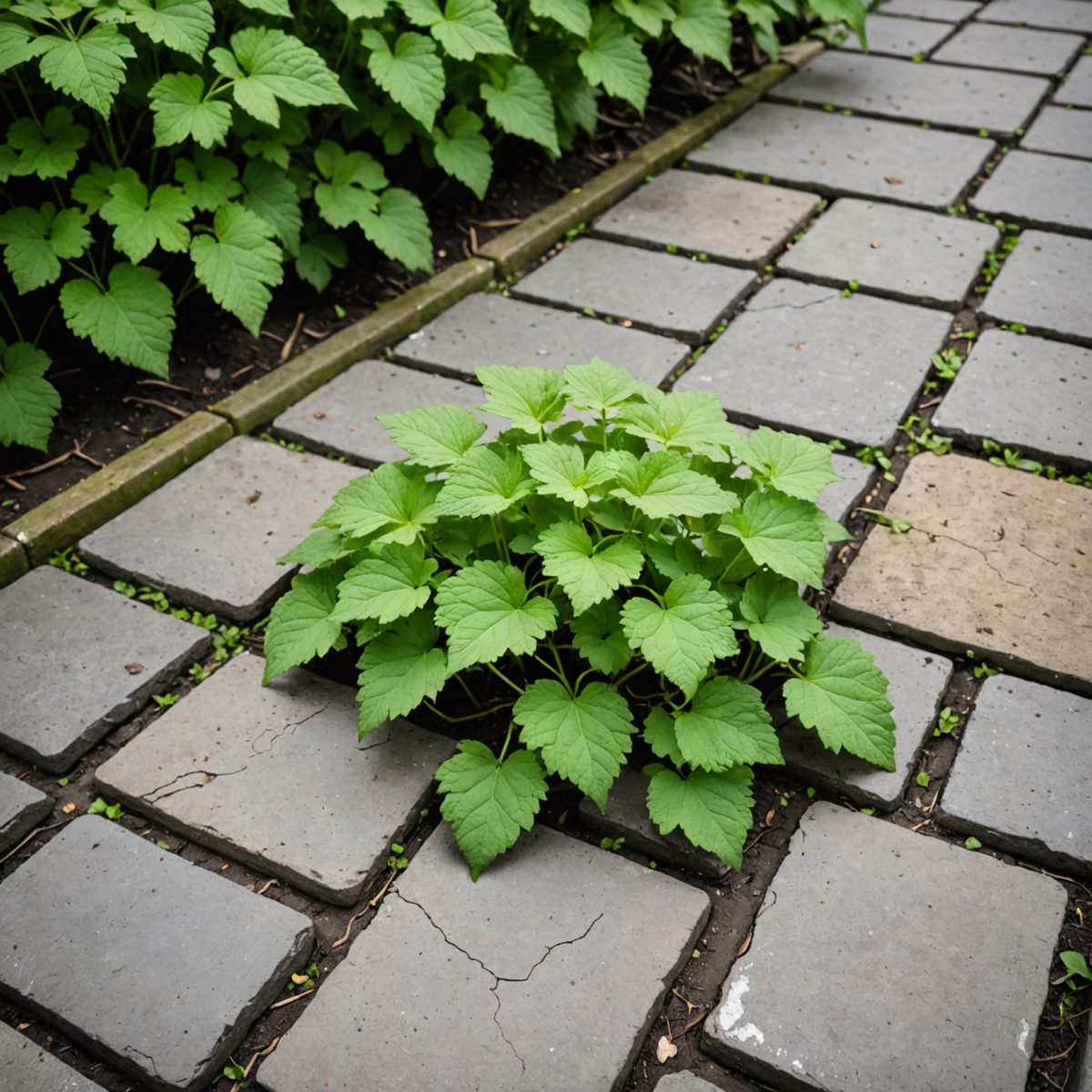 Ground elder emerging from under garden path