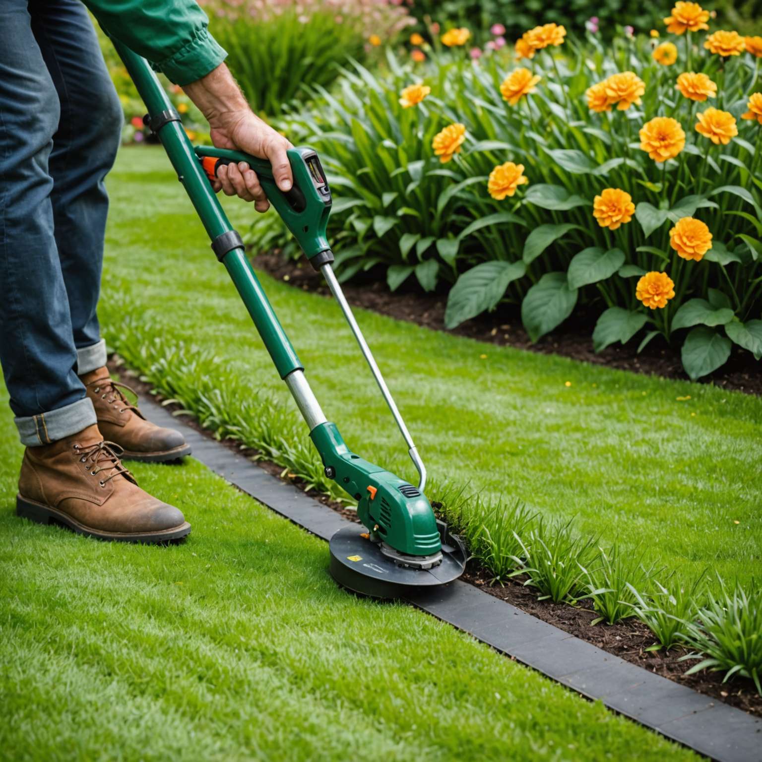 Using half-moon edger to cut lawn edge