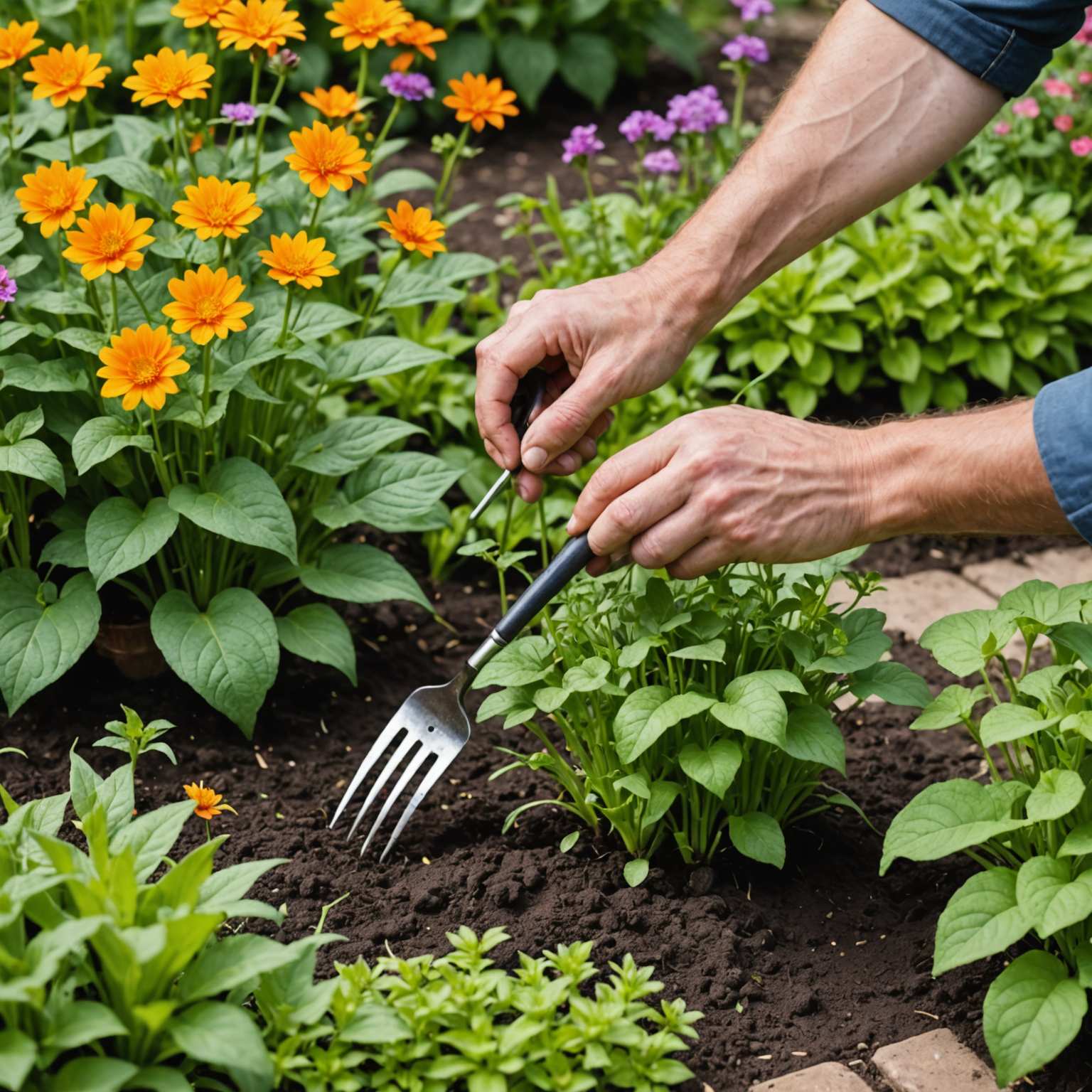 Hand weeding in flower bed