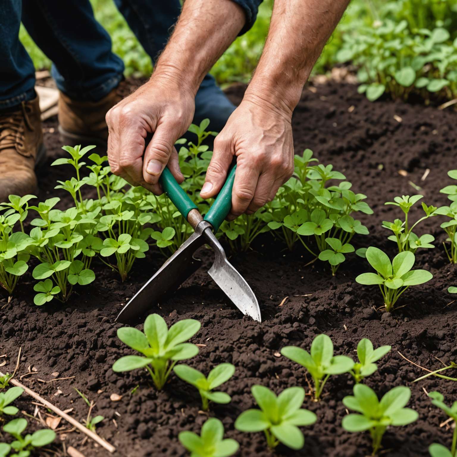 Hand weeding oxalis with trowel