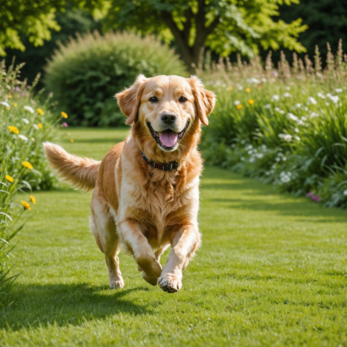 Happy dog running on healthy green lawn