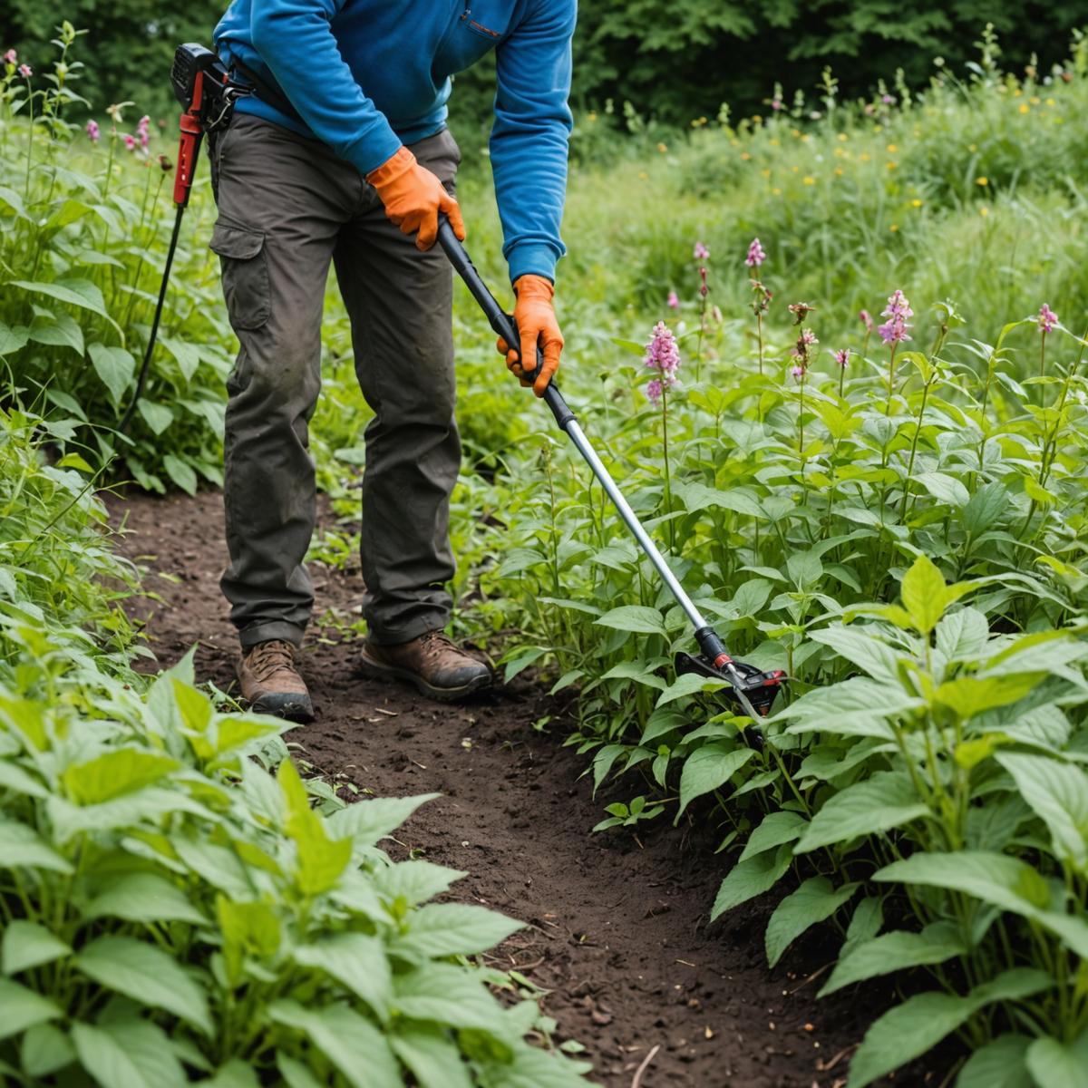 Cutting Himalayan balsam with strimmer close to ground level