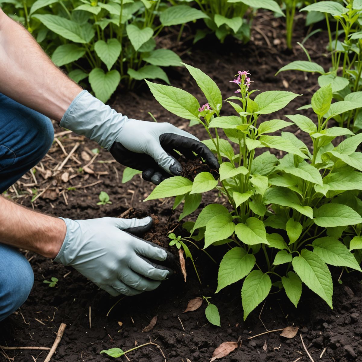 Hand pulling Himalayan balsam showing shallow root system