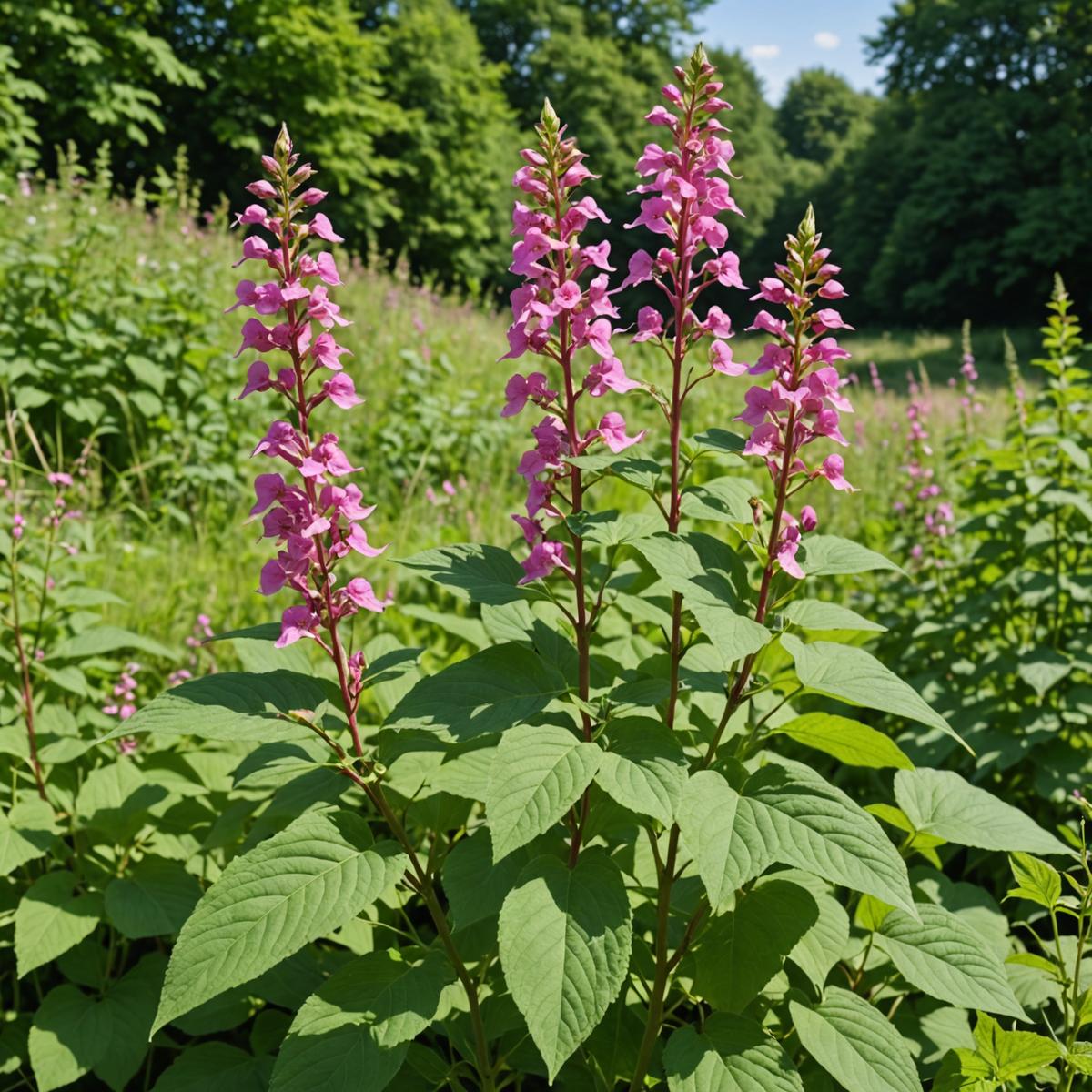 Himalayan balsam plant with pink-purple trumpet shaped flowers and hollow reddish stems