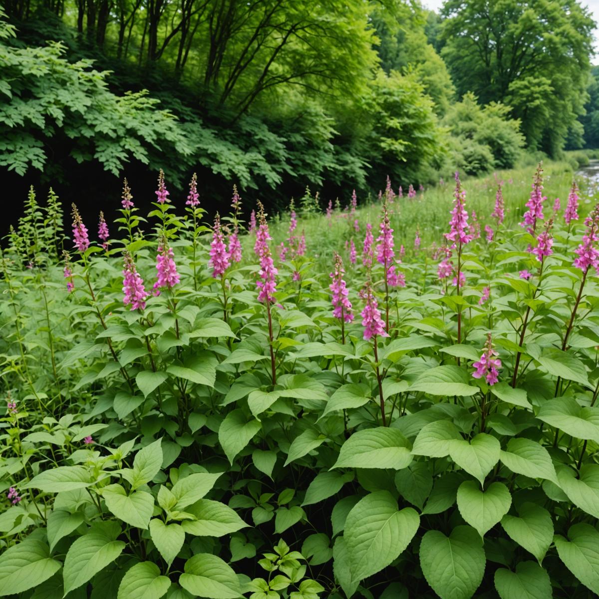 Dense stand of Himalayan balsam covering UK riverbank