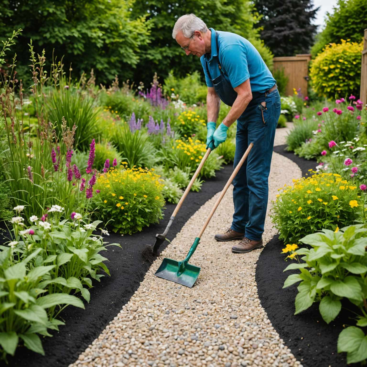 Hoeing weeds from gravel path