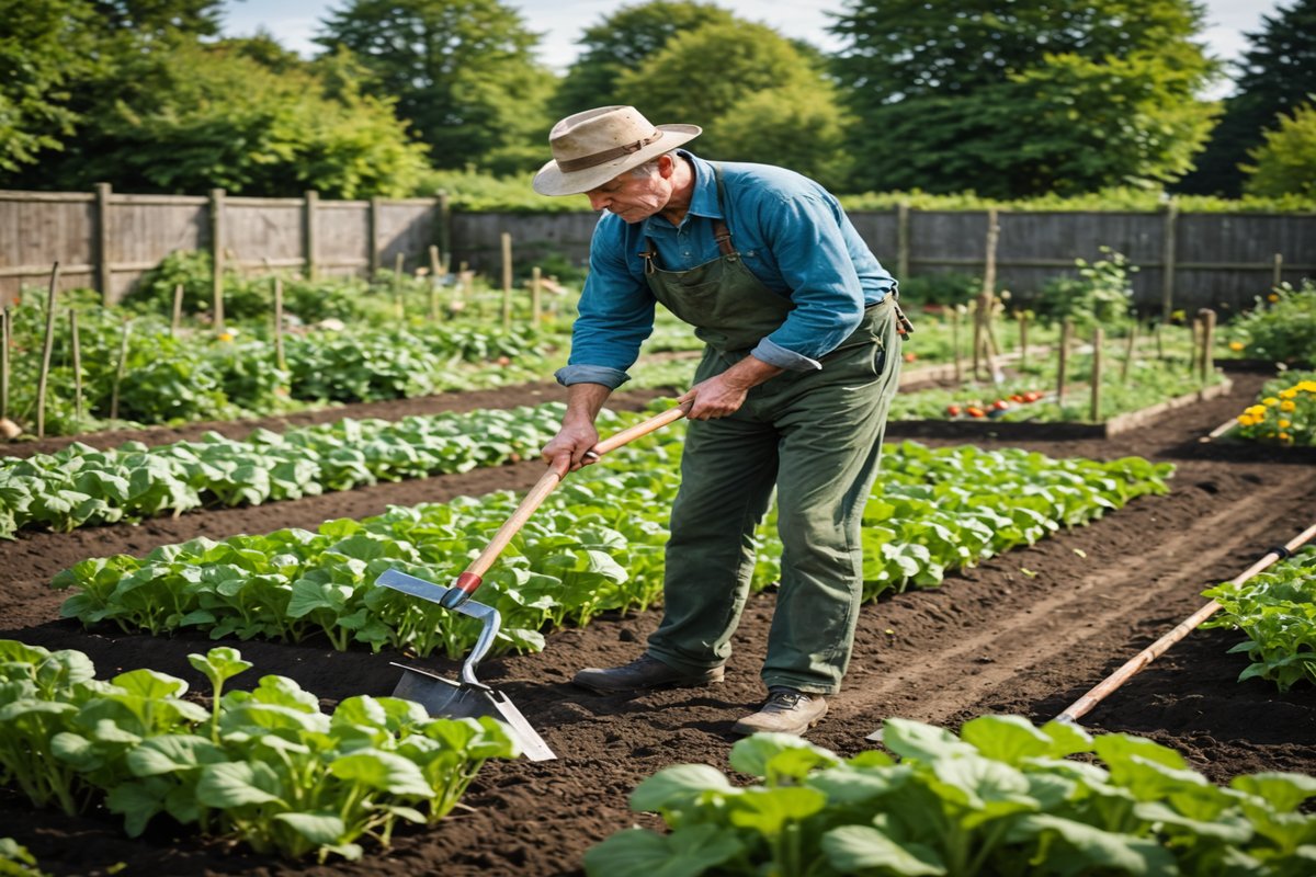 Gardener using Dutch hoe between vegetable rows in UK allotment