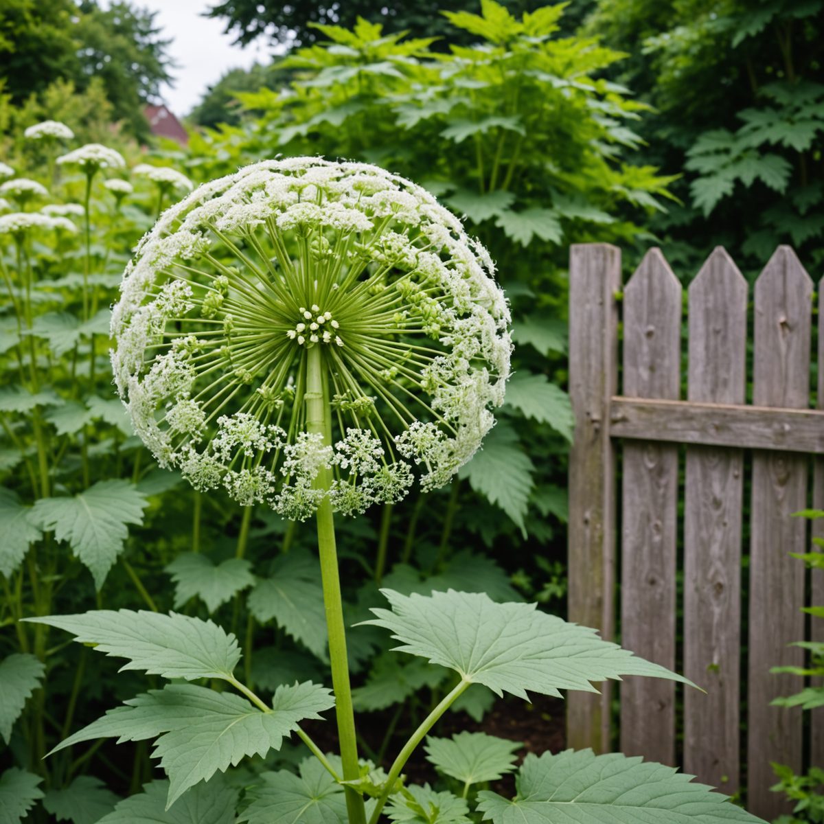 Giant hogweed plant with purple-blotched stem and large white flower head in UK garden