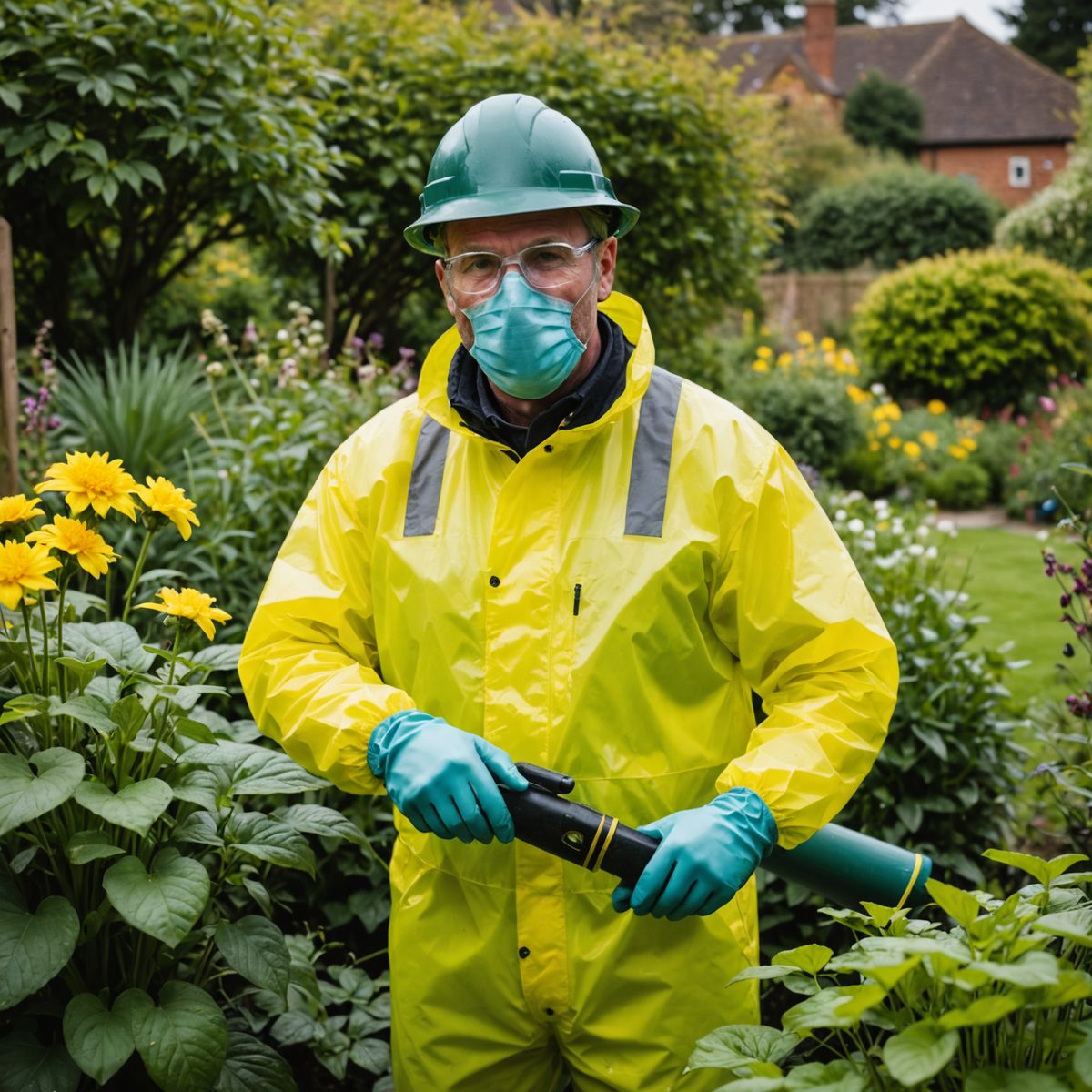 Gardener wearing full protective gear including waterproof gloves, safety glasses, and face covering