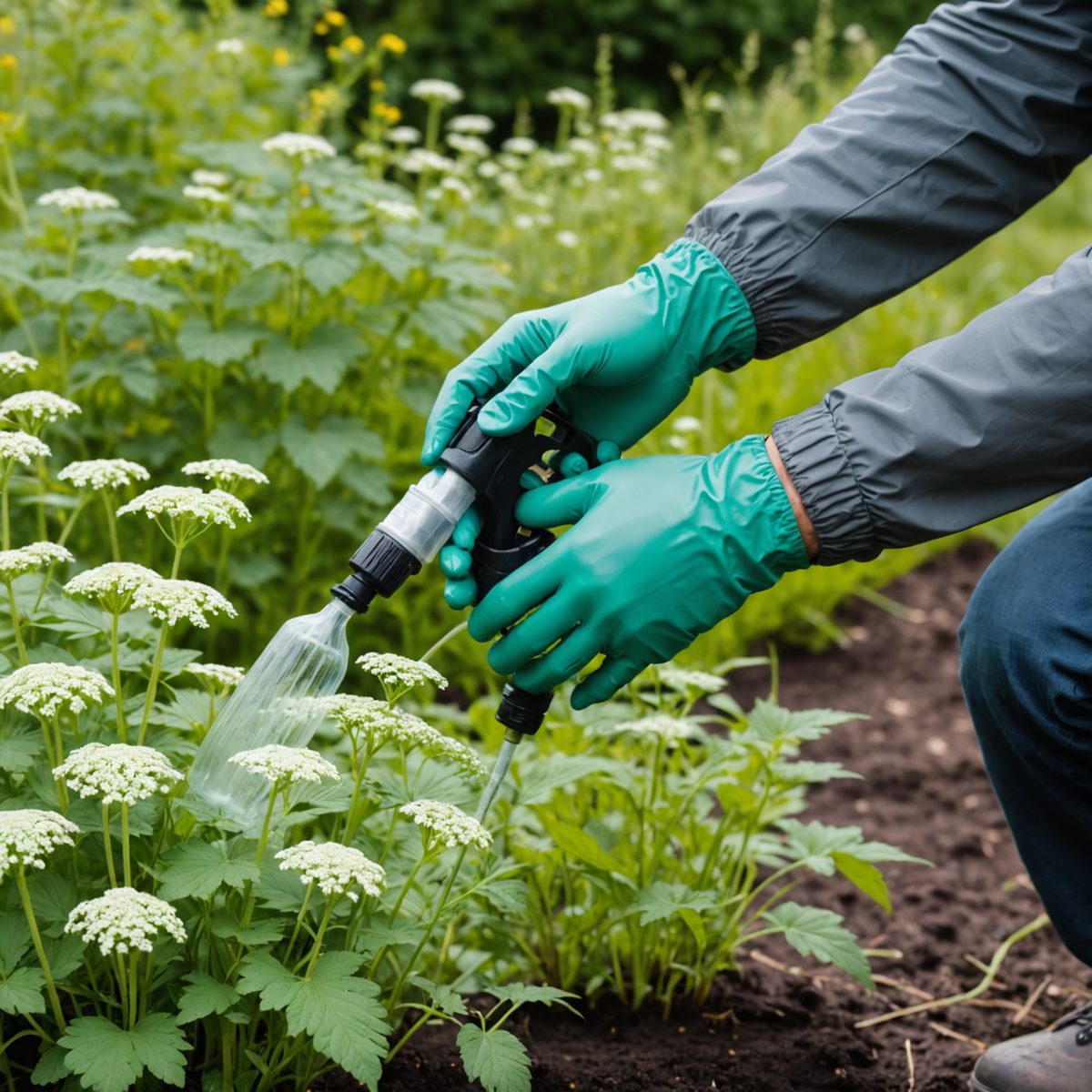 Gardener's gloved hands carefully spraying herbicide on young hogweed plant