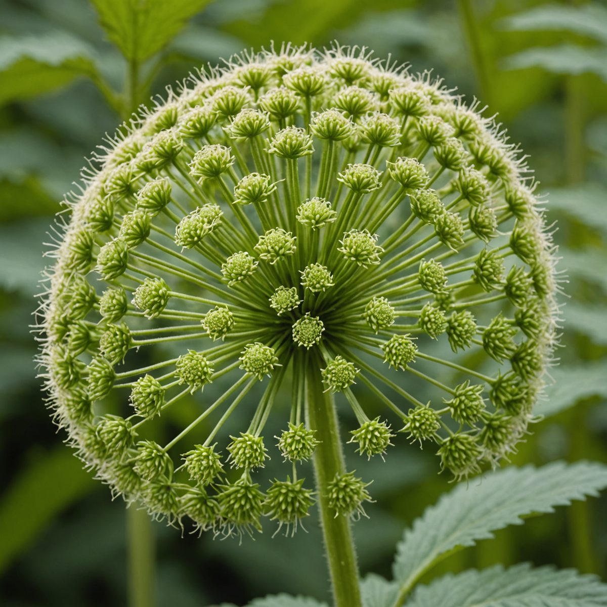 Close-up of giant hogweed stem showing distinctive purple blotches and bristly hairs