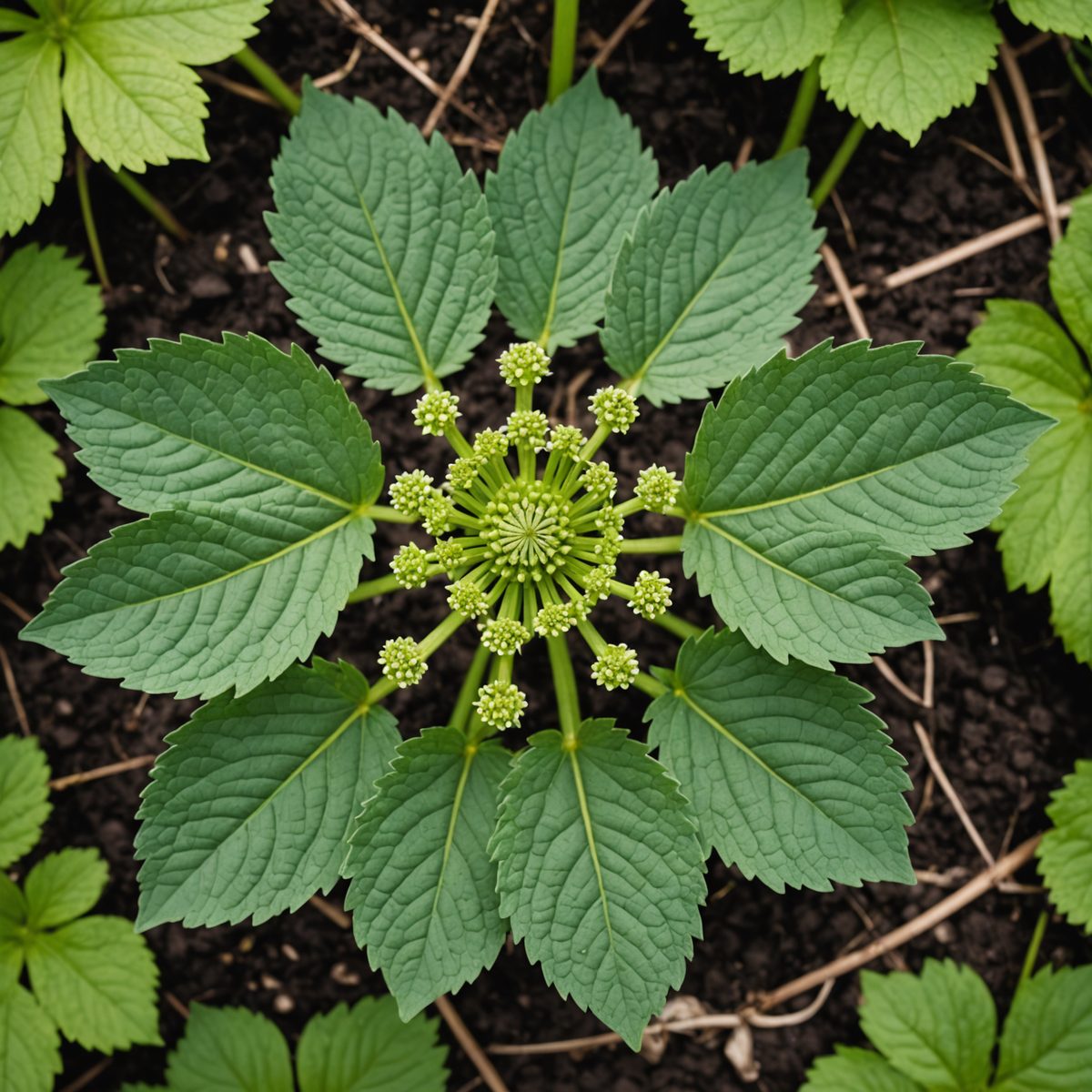 Young giant hogweed plant showing rosette of deeply lobed leaves in first year growth