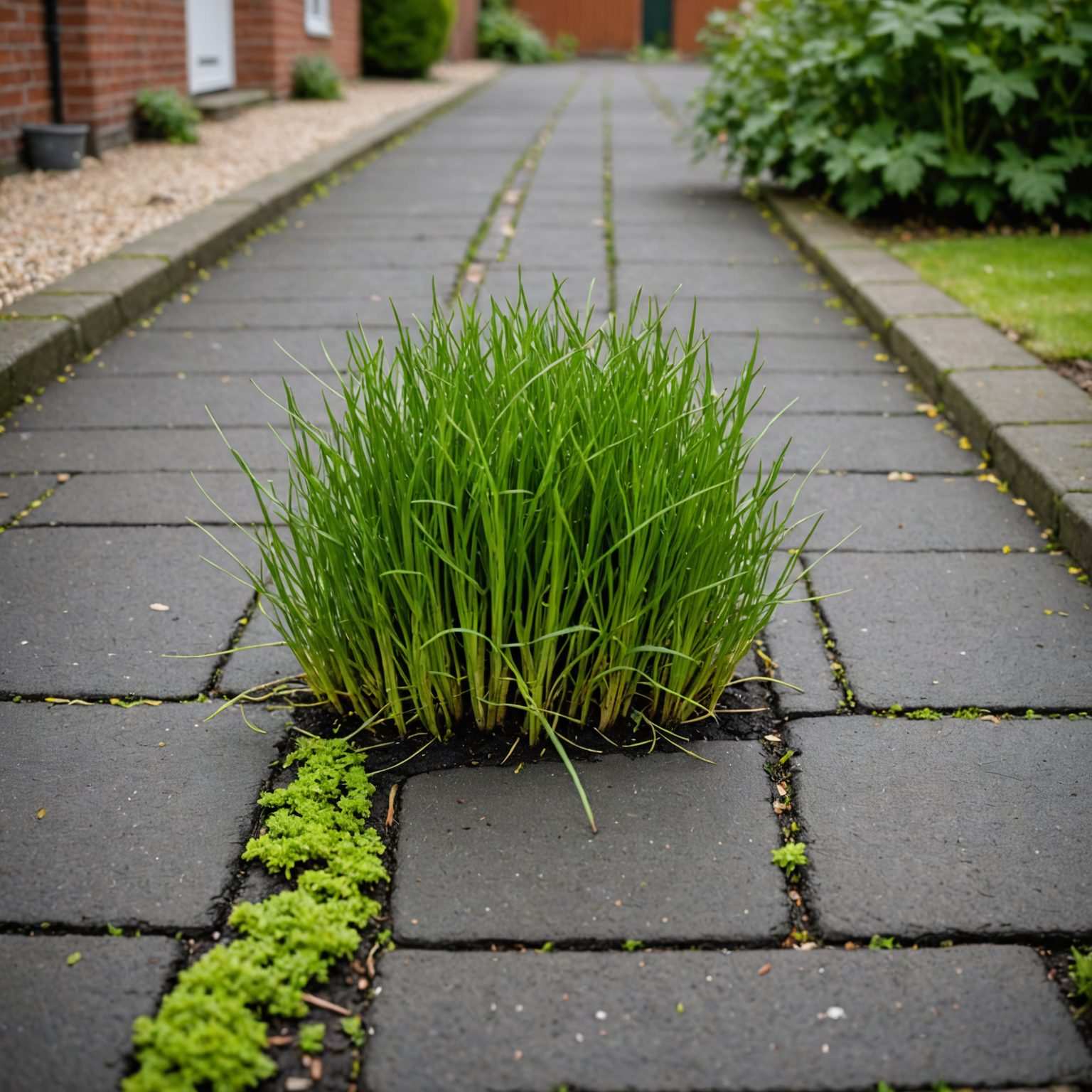 Horsetail weeds growing through cracks in tarmac driveway