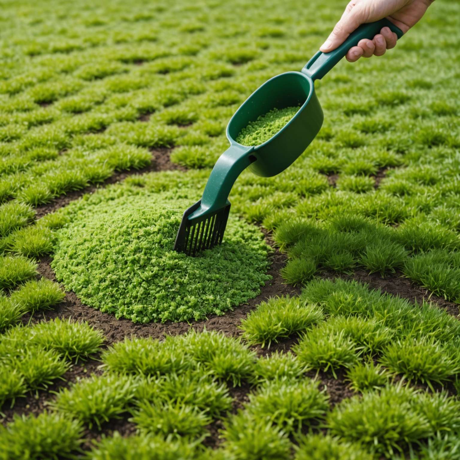 Iron sulphate being applied to mossy lawn