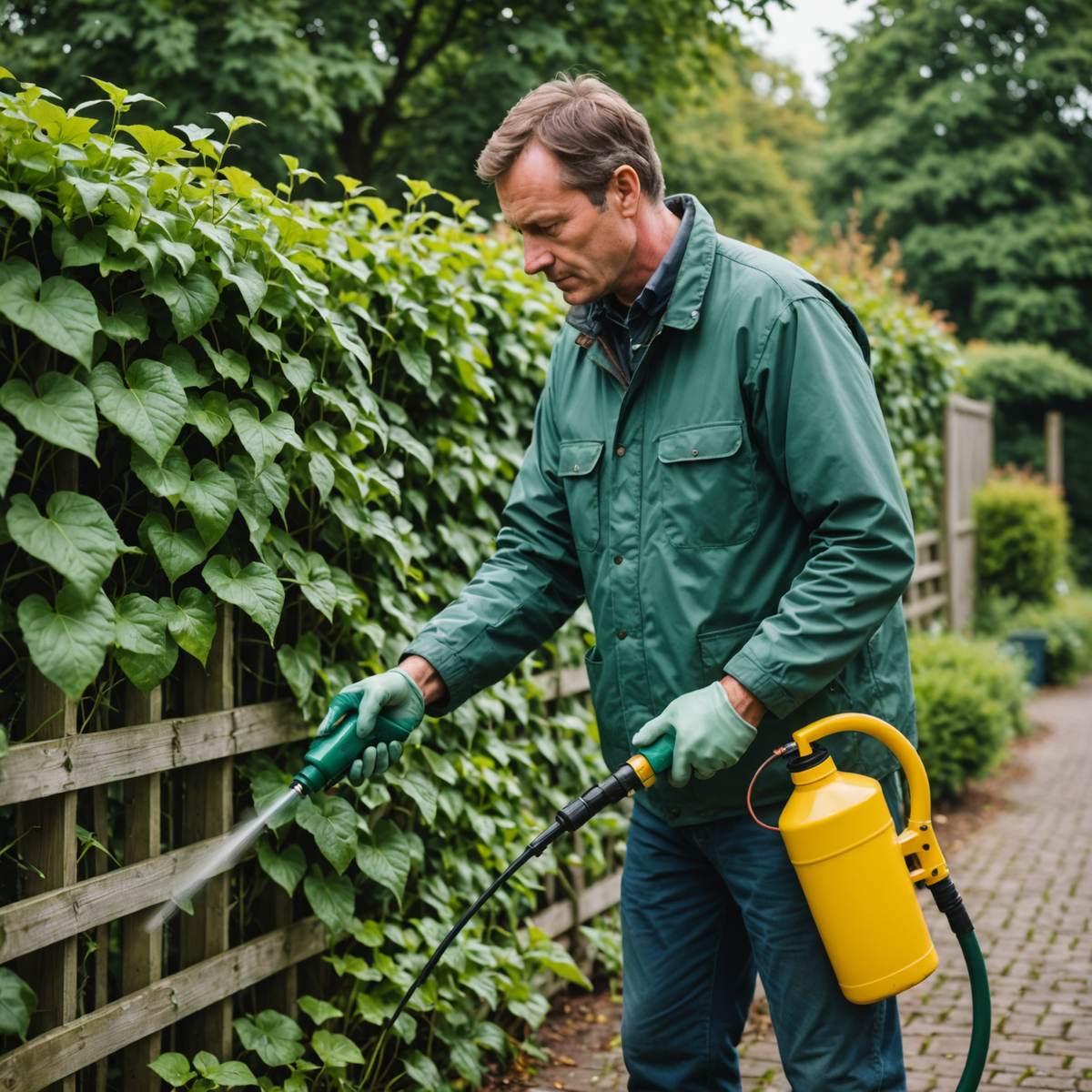 Spraying weed killer on ivy growing along a fence