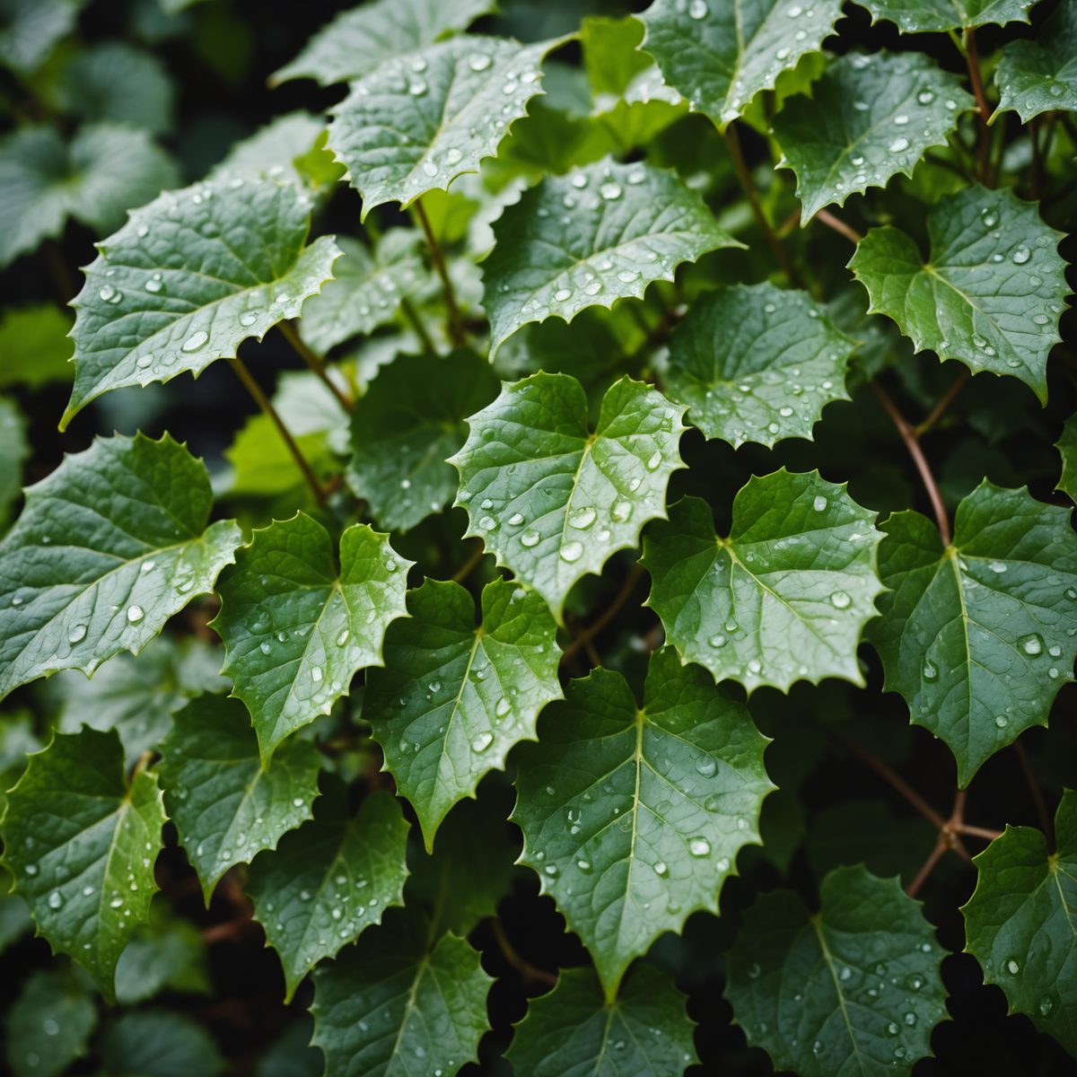 Close-up of ivy leaves with water droplets beading on the waxy surface