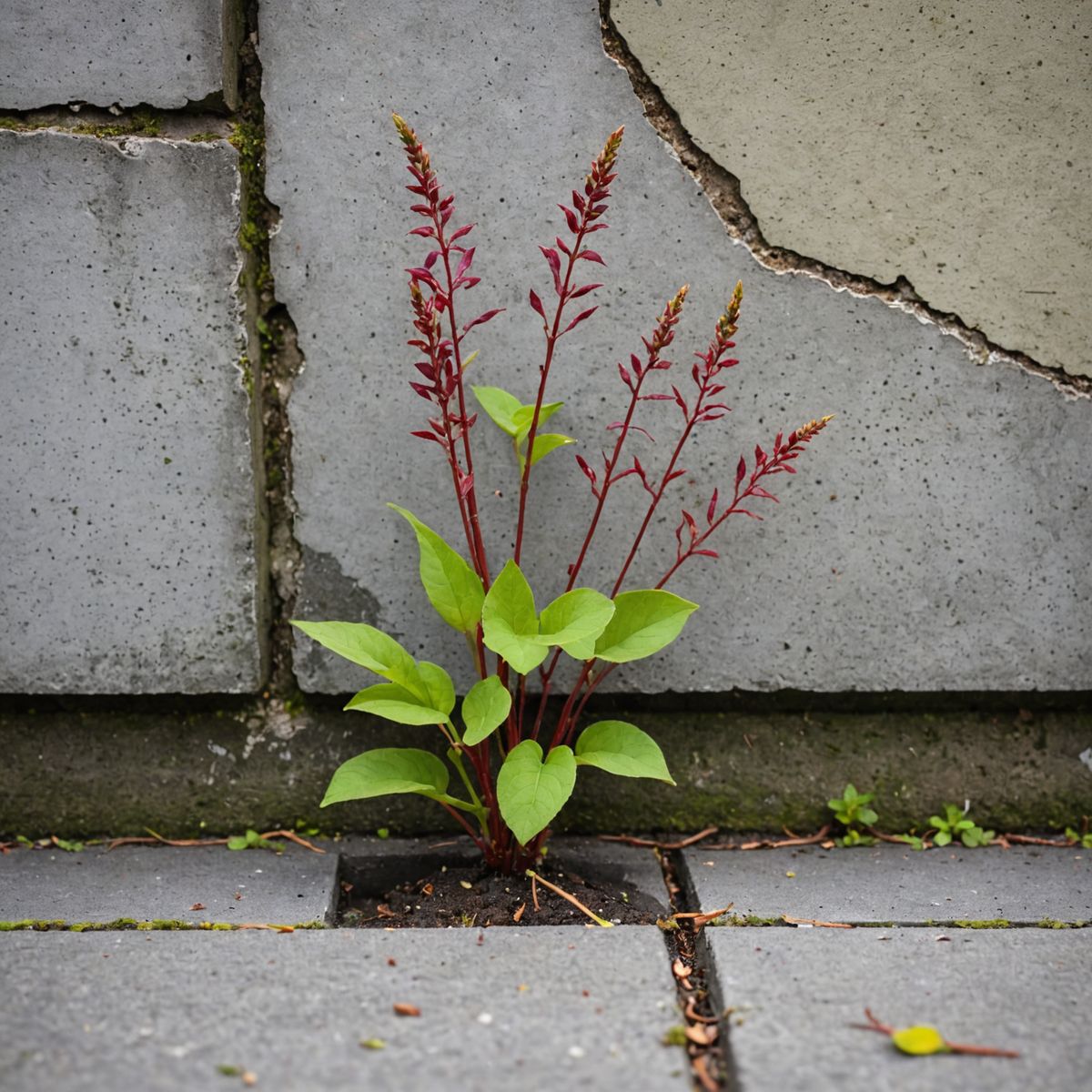 Japanese knotweed shoots emerging through cracks in concrete patio slabs next to a house wall