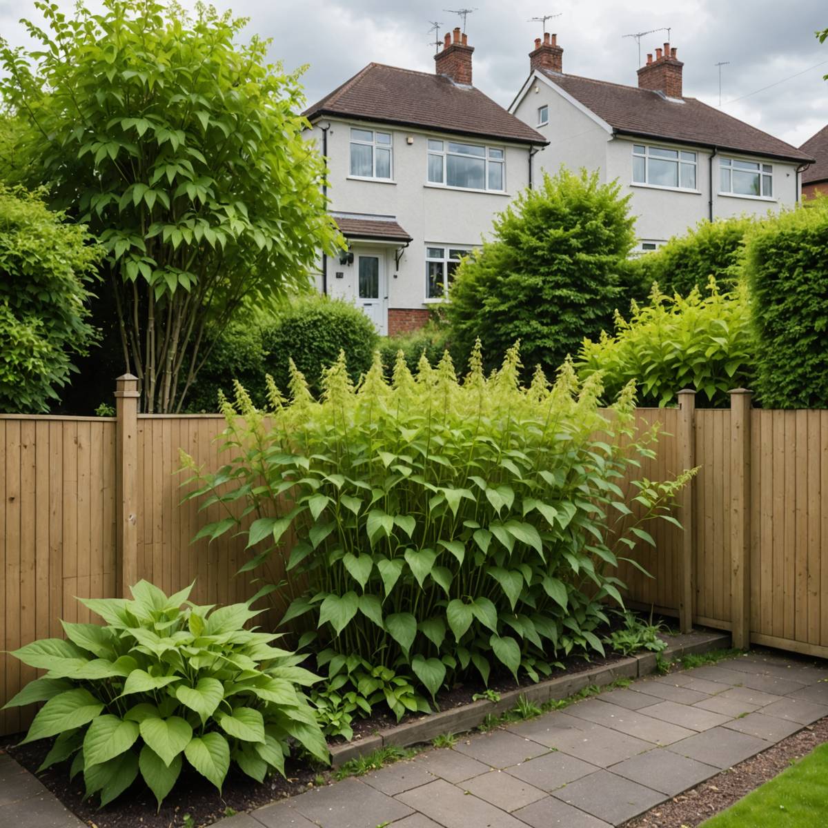 Japanese knotweed taking over a British suburban garden, growing through fence panels