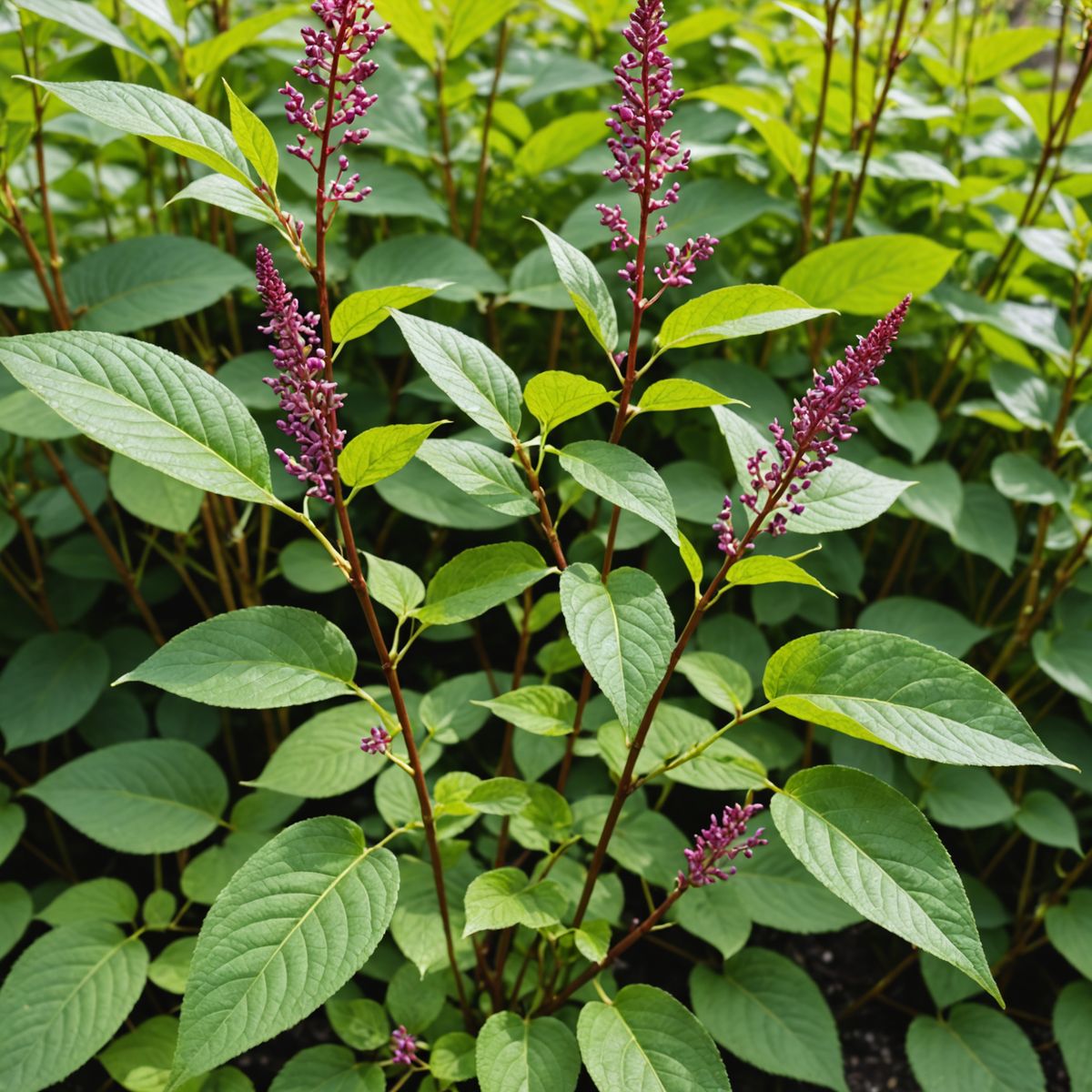 Japanese knotweed showing distinctive bamboo-like stems with purple speckles and heart-shaped green leaves
