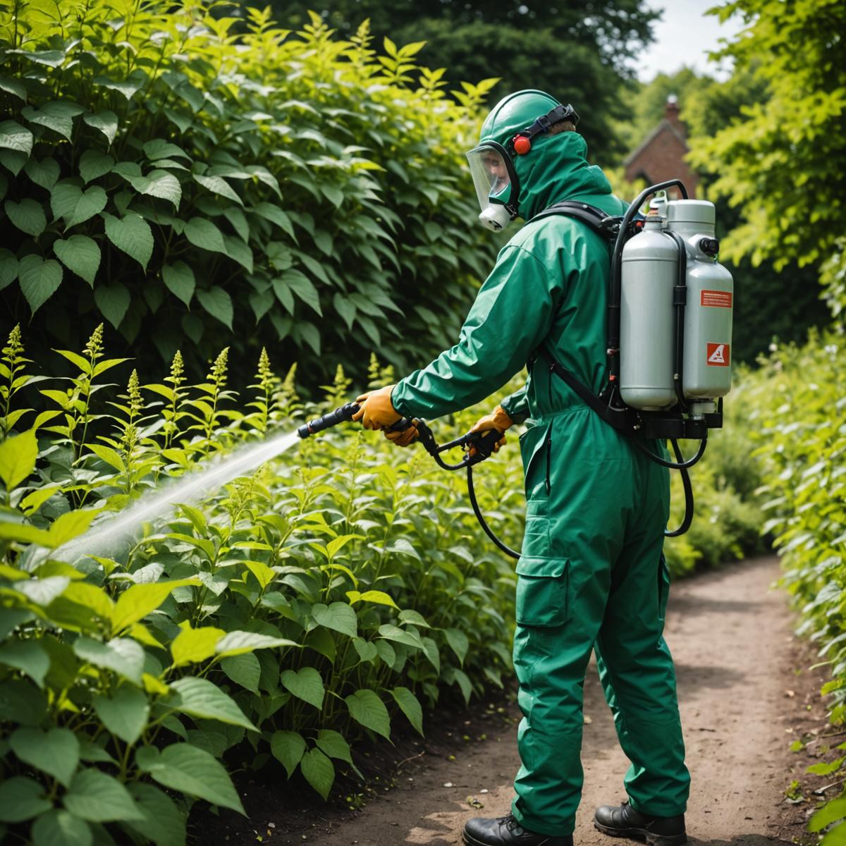 Professional pest control worker in protective gear spraying herbicide on Japanese knotweed in a UK garden
