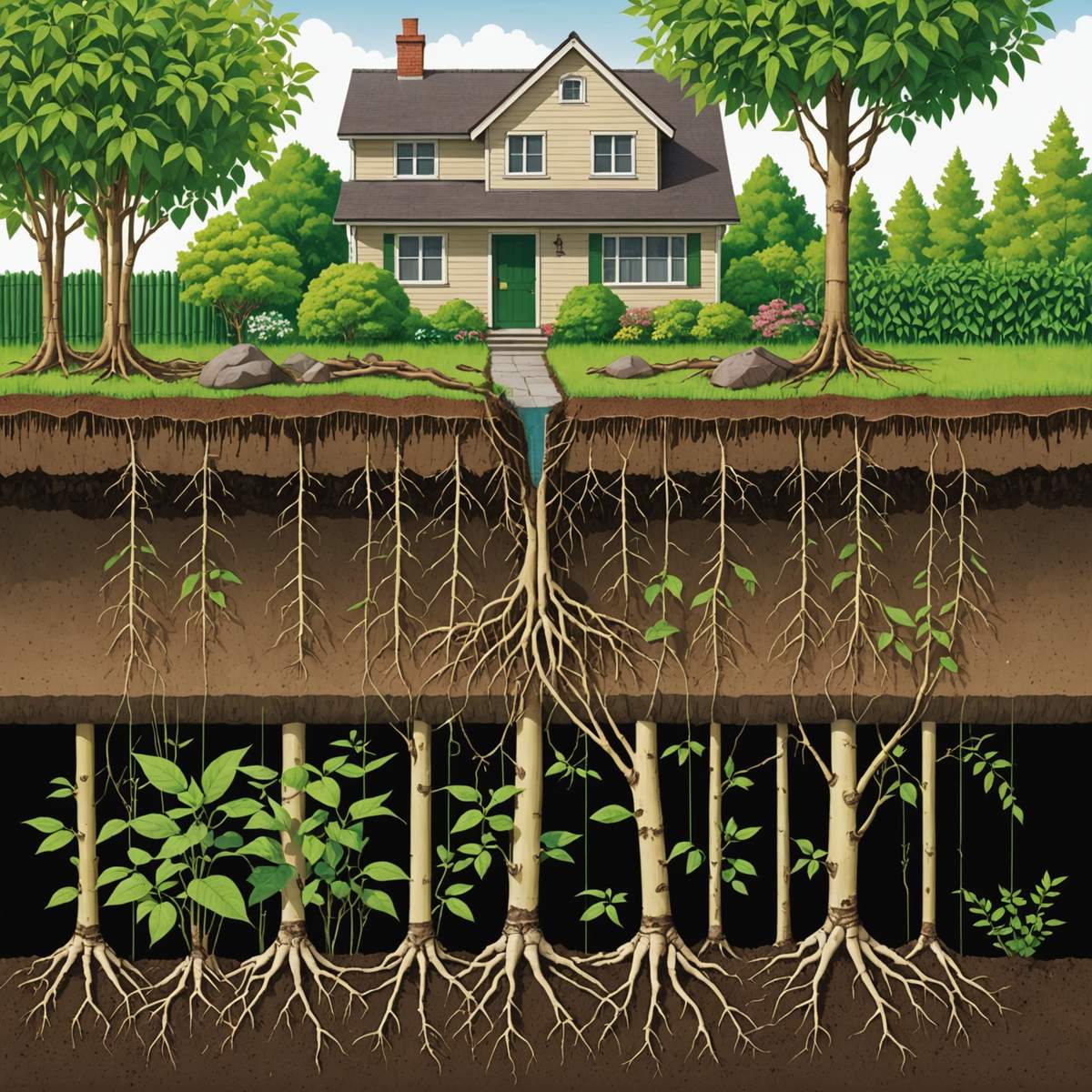 Cross-section diagram showing Japanese knotweed rhizome root system spreading deep underground beneath house foundations
