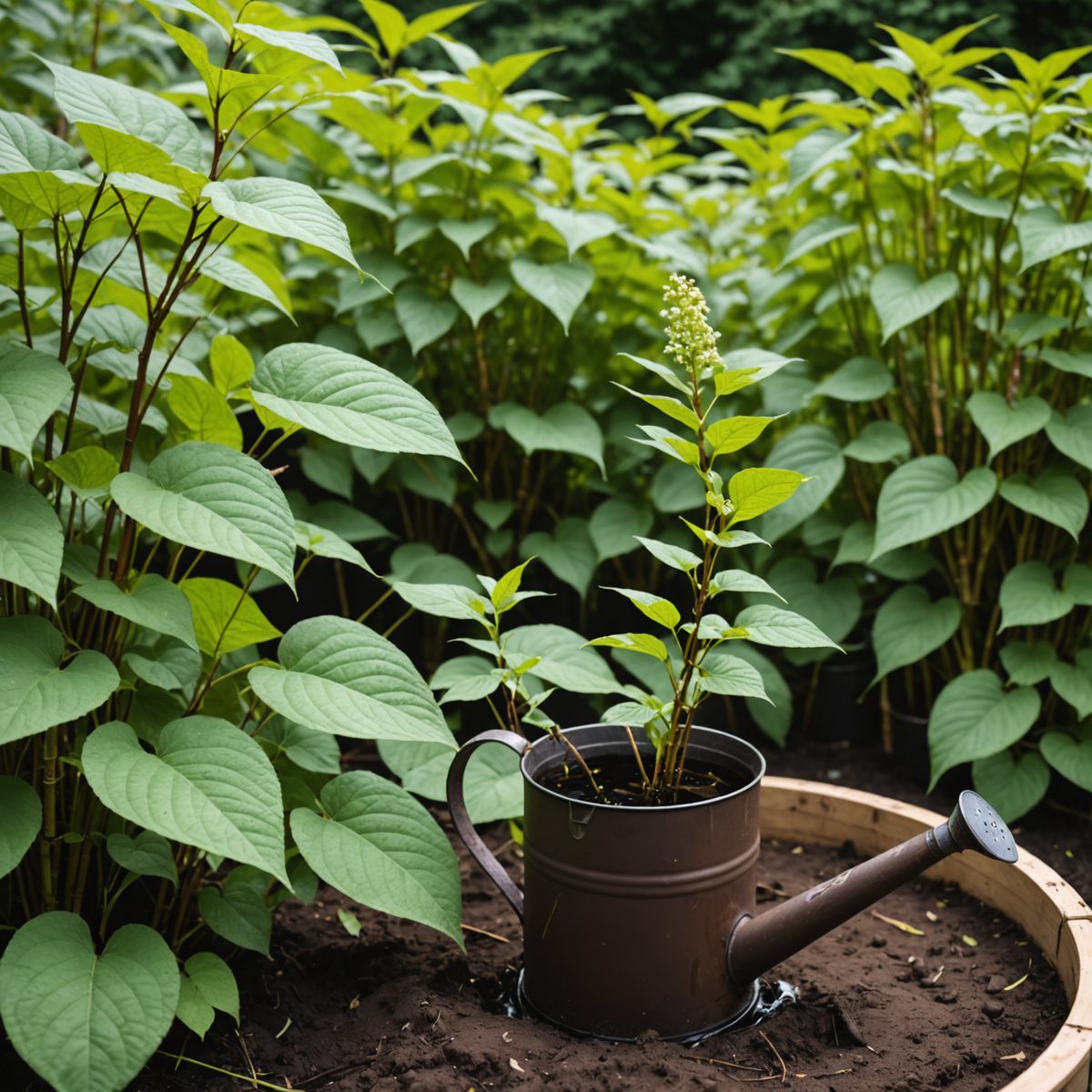 Pouring Jeyes Fluid on Japanese knotweed