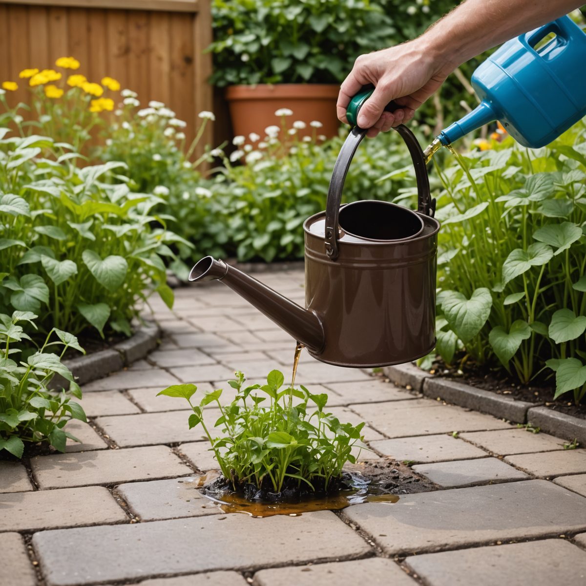 Applying Jeyes Fluid to weeds