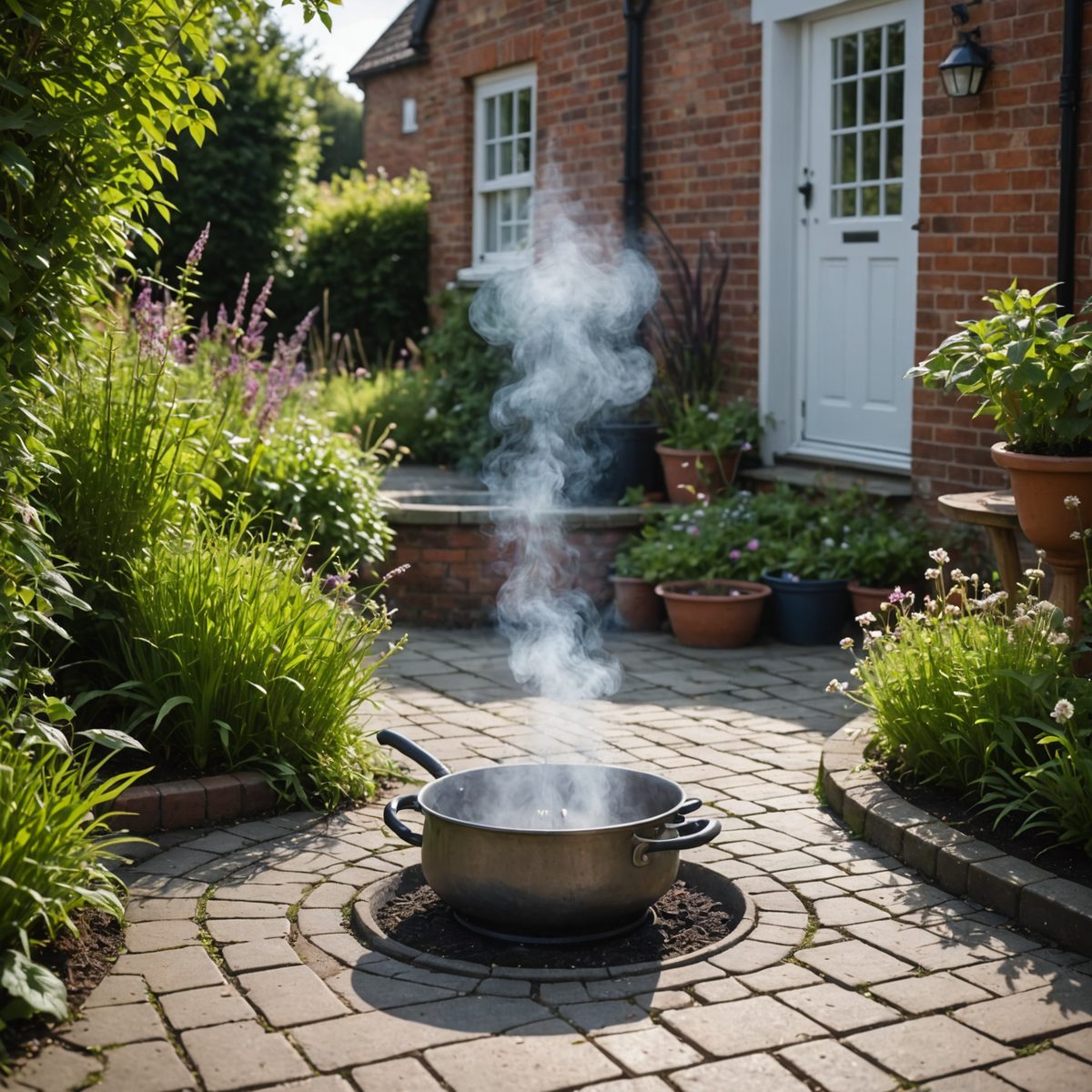 Pouring boiling water on weeds