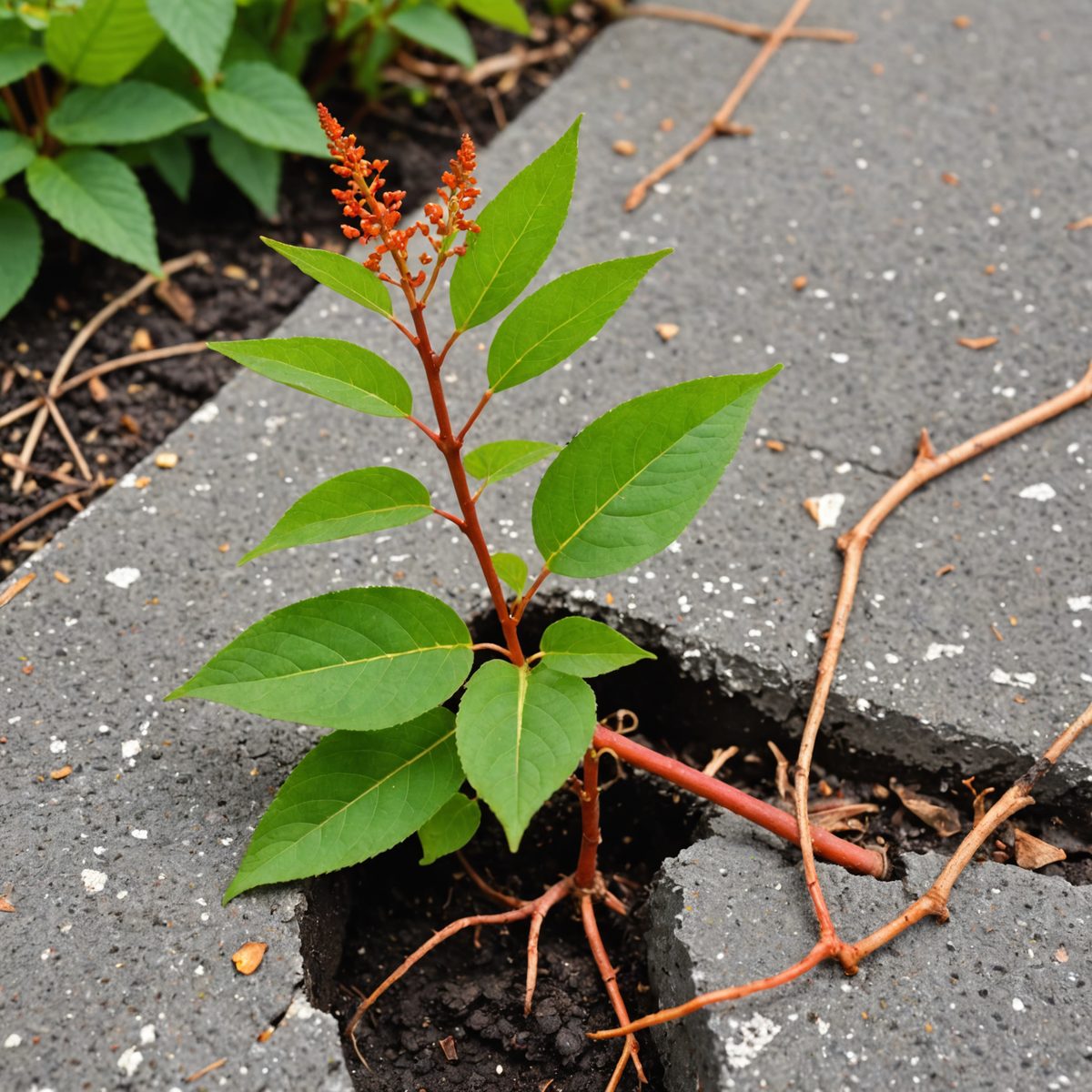 Japanese knotweed rhizome breaking through concrete