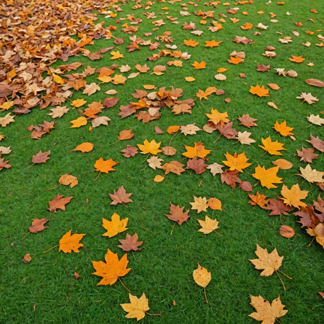 Lawn covered with fallen autumn leaves before final mow