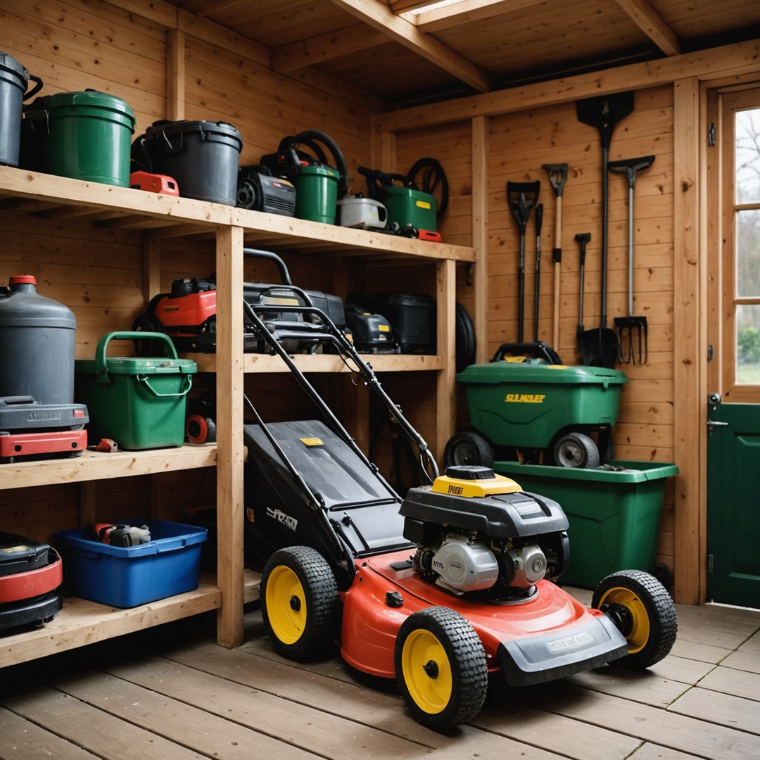 Lawn mower being stored in shed for winter