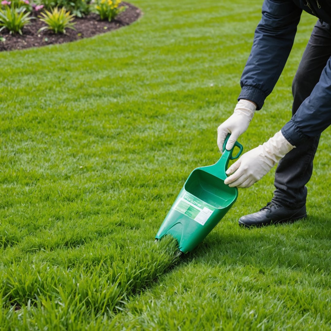 Applying lawn treatment in spring UK garden