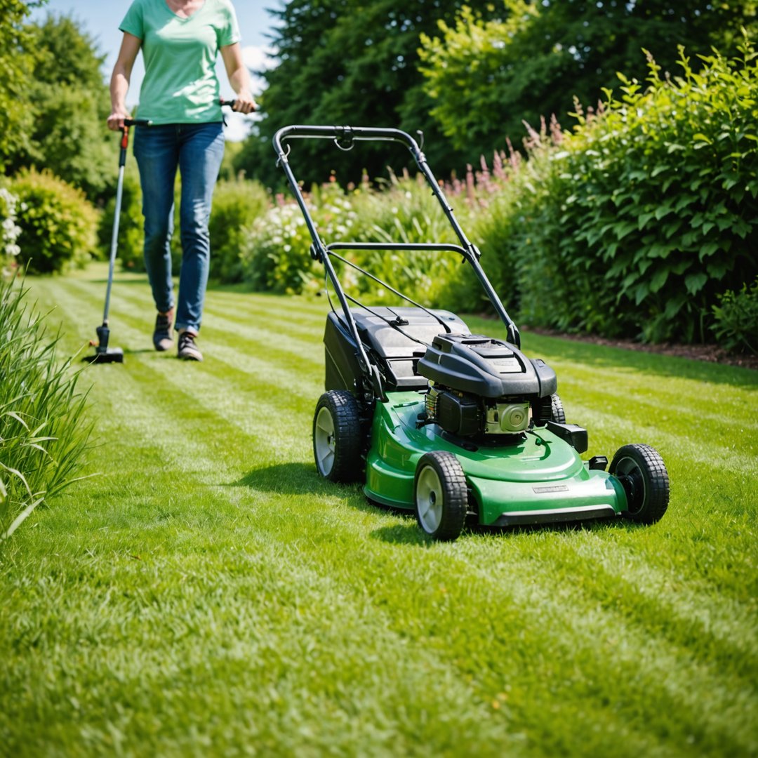Mowing lawn in summer UK garden