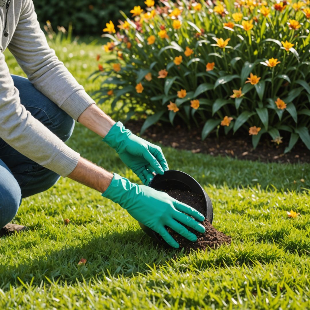 Person applying lawn feed to grass