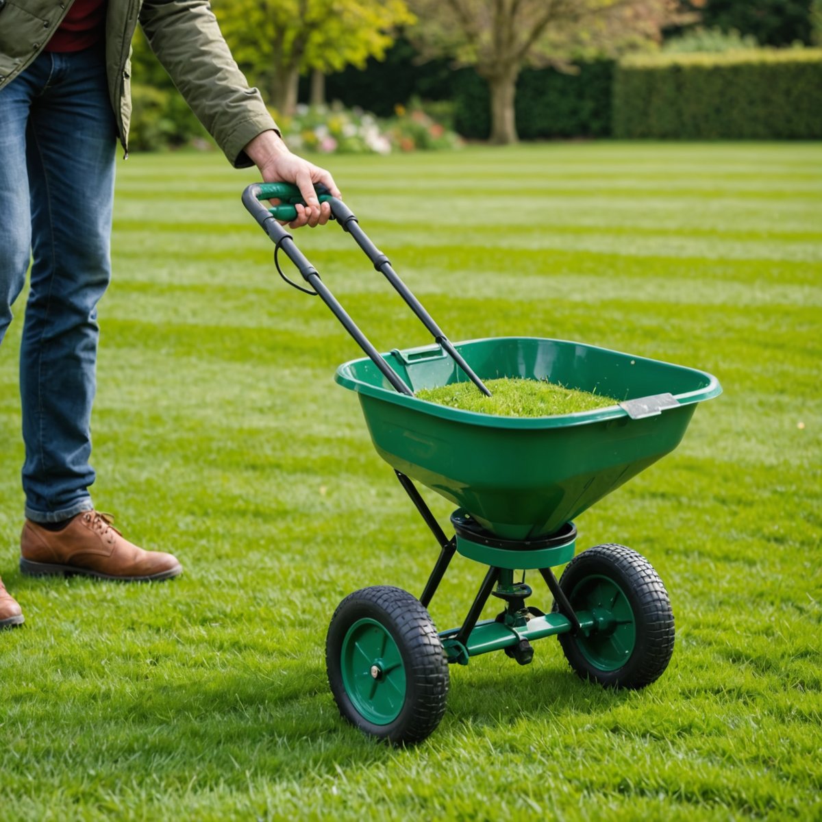 Applying lawn fertiliser with handheld spreader