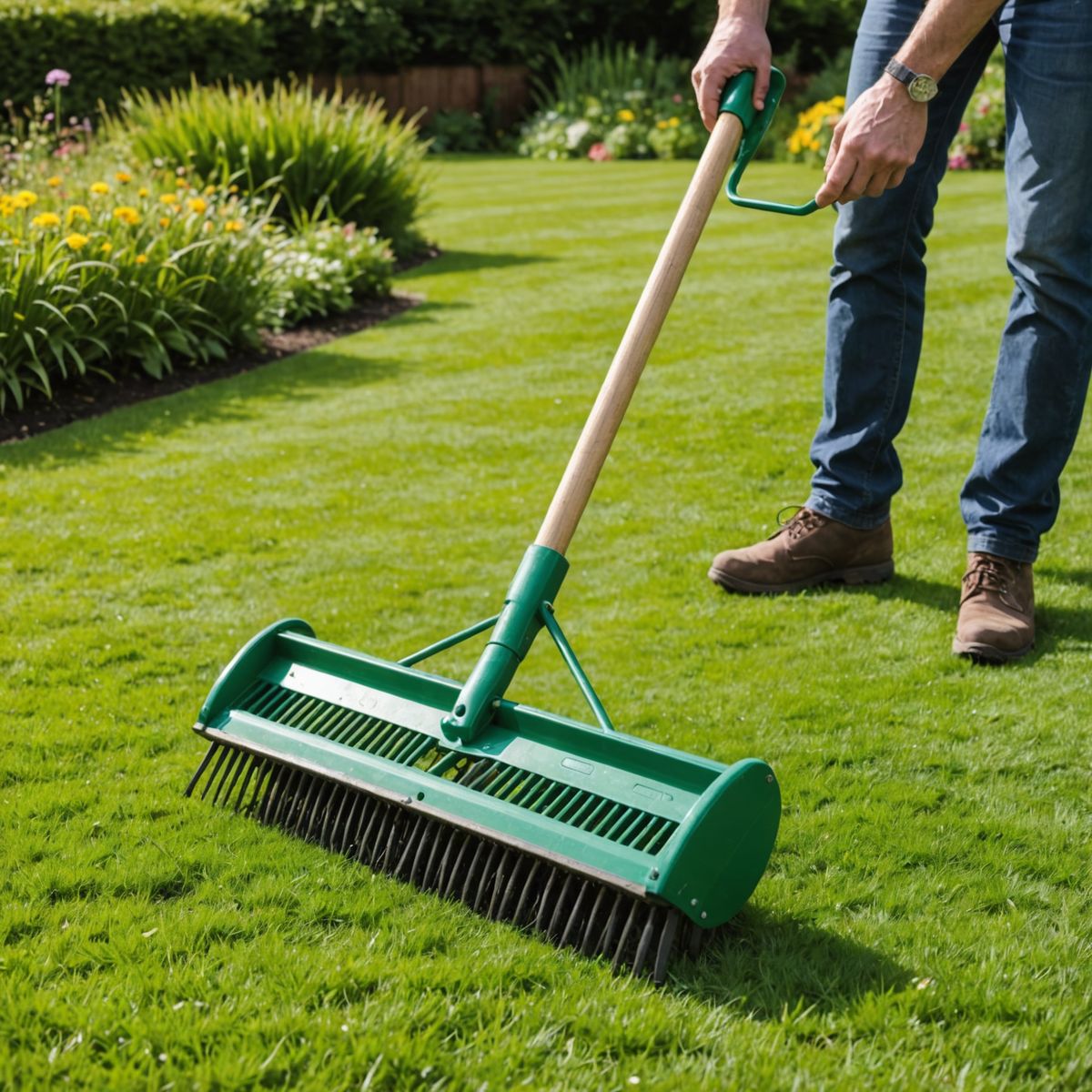 Raking lawn to lift weed runners before mowing