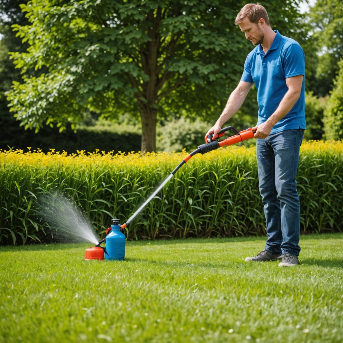 Applying selective weedkiller to lawn weeds
